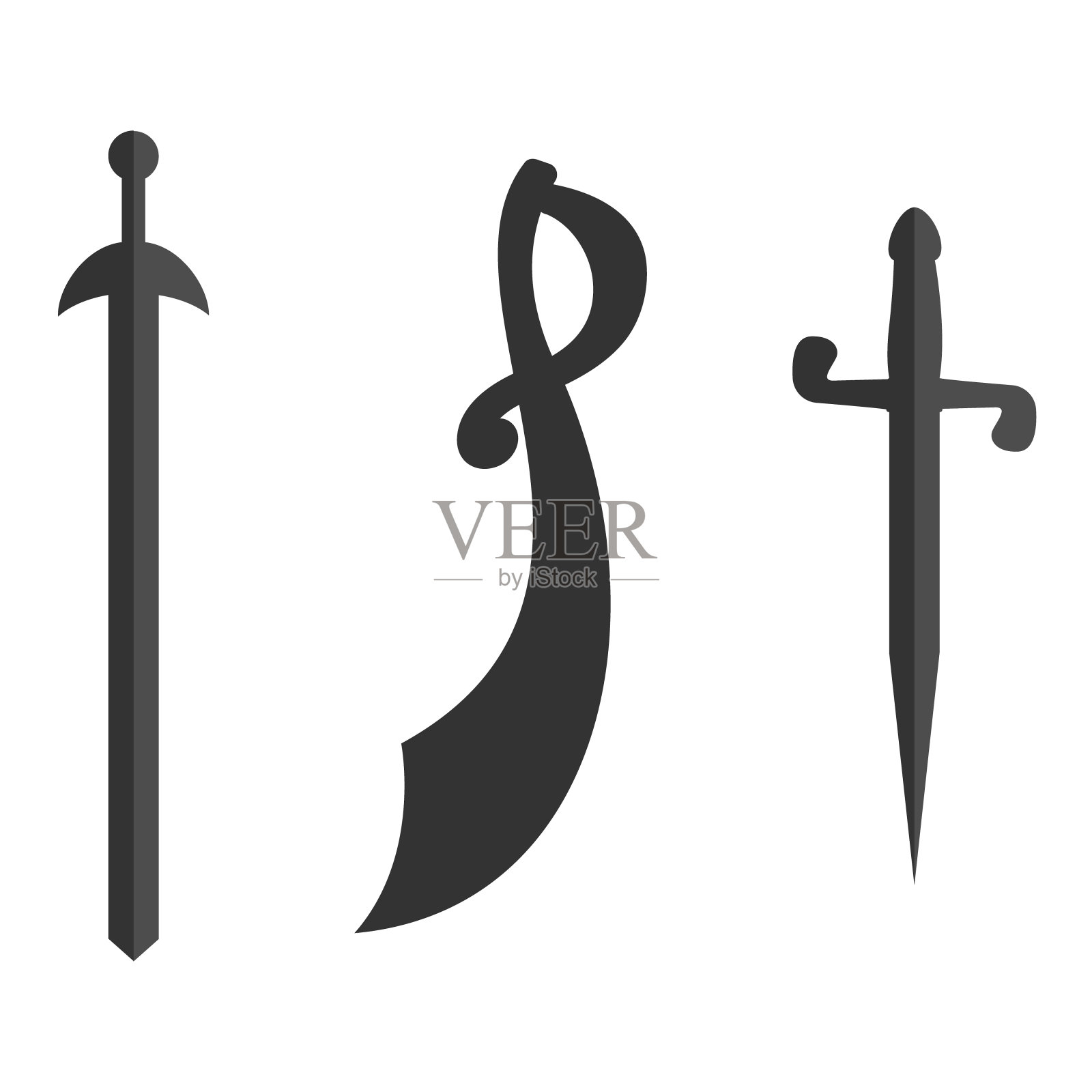 一套历史剑剑剪影。插图与矢量削减武器。骑兵佩剑，白底佩剑。设计元素图片