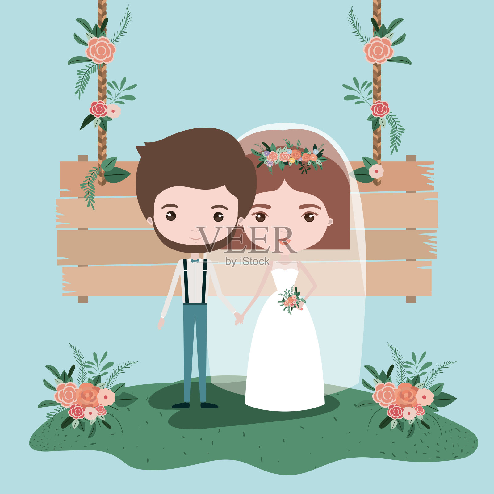 色彩缤纷的场景与木挂海报和草与花的装饰品与新婚夫妇插画图片素材