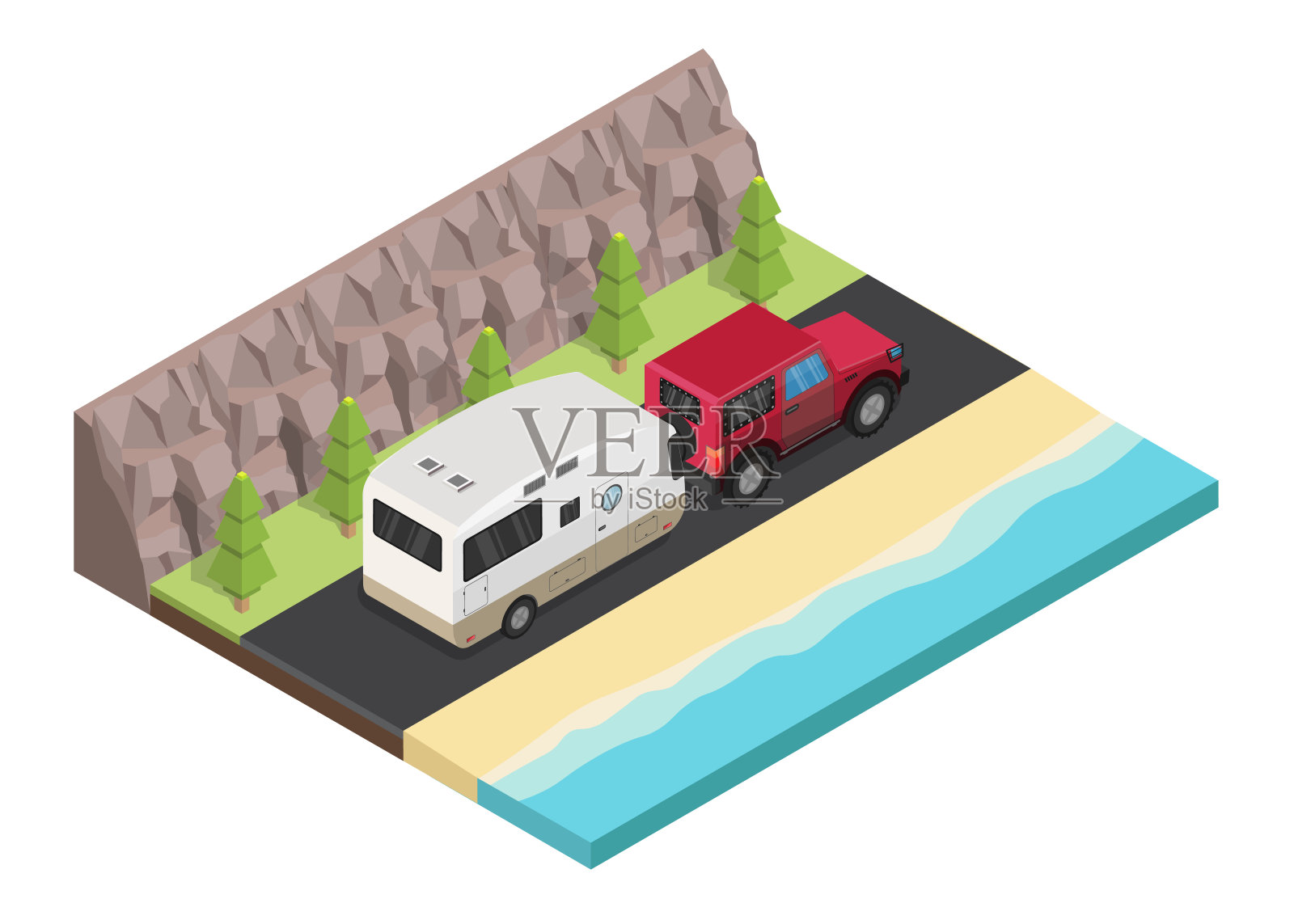 等距旅行露营拖车户外与山彩色矢量旅游集。插画图片素材