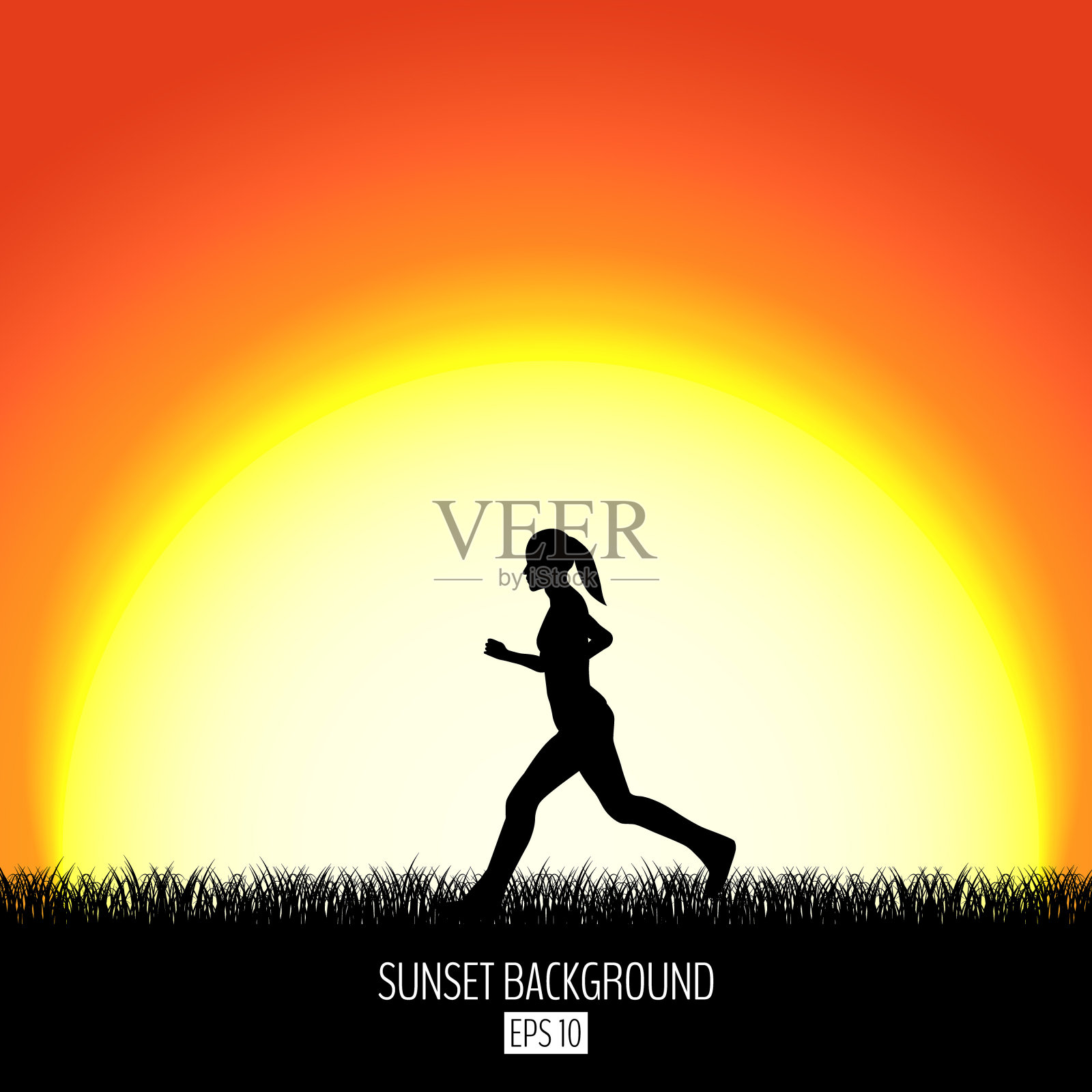 夕阳的背景与奔跑的女人黑色的剪影。炙热的太阳从地平线上落下。晚上曙光背景。插画图片素材