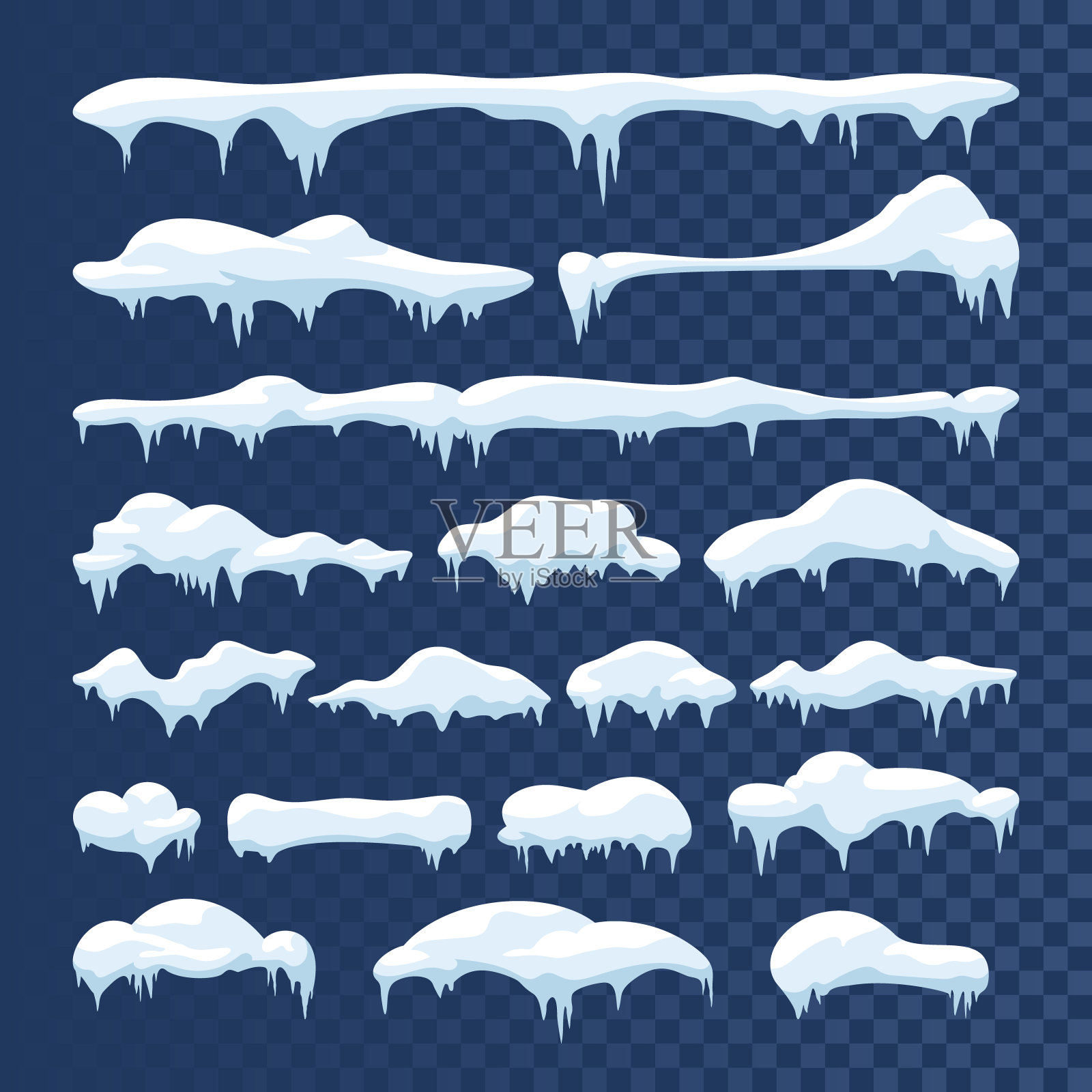 雪和冰矢量帧。冬季卡通雪帽，雪堆和冰柱插画图片素材