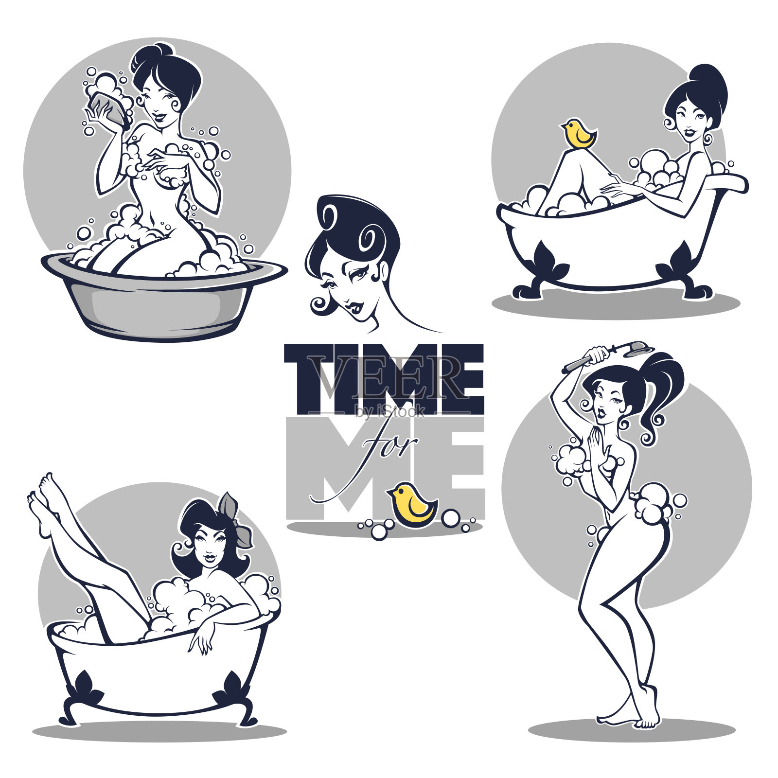 时间为我，向量收集美丽的女人在浴缸洗澡与字母组成插画图片素材