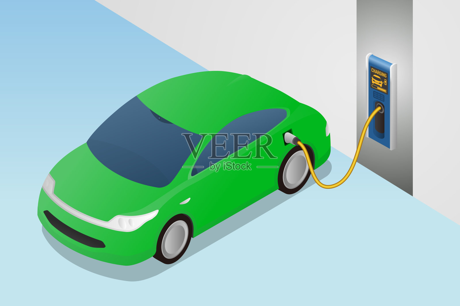 现代汽车从墙箱充电站充电。插画图片素材