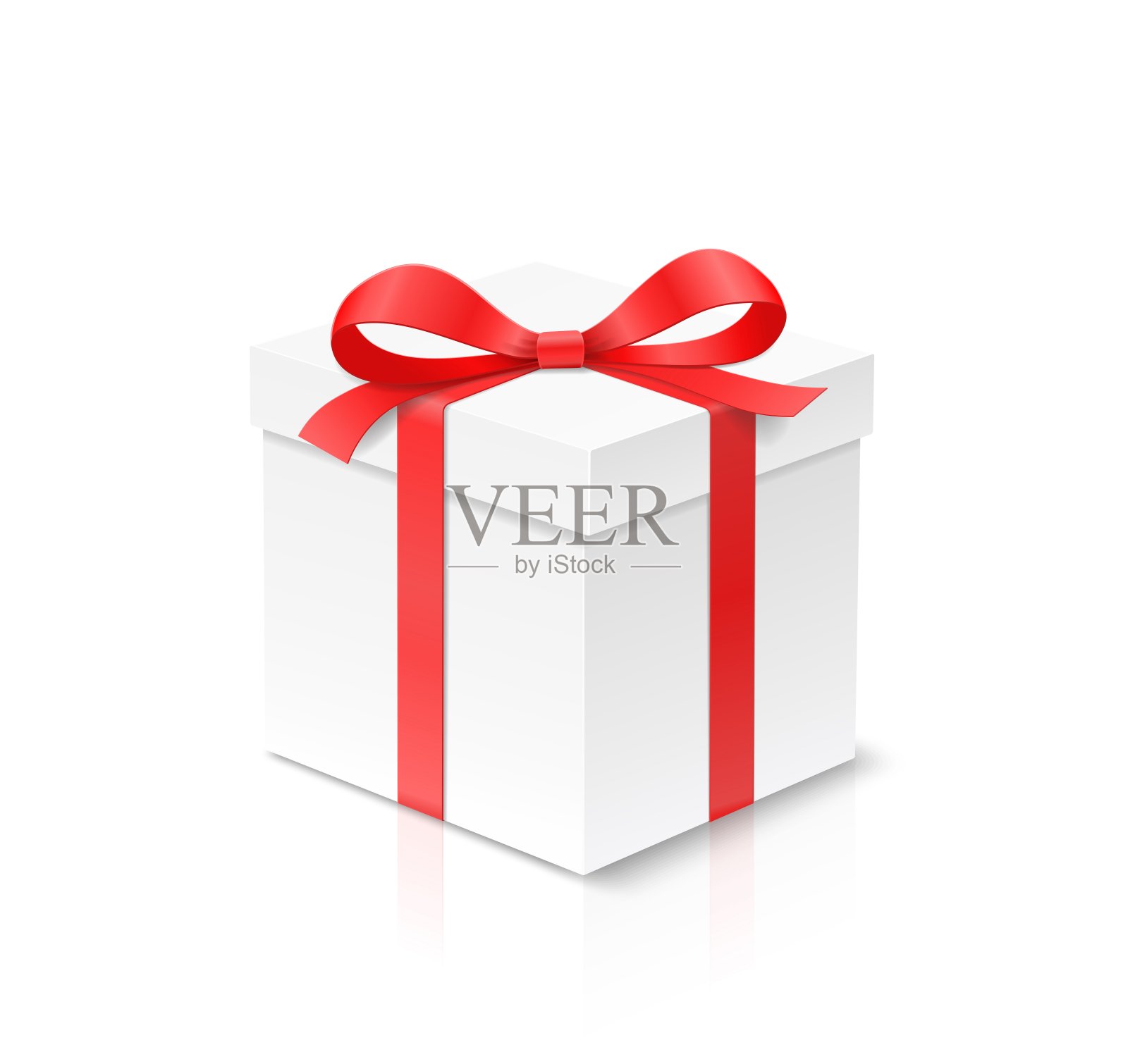 礼品立方体盒与红色蝴蝶结和丝带孤立的白色背景。设计元素图片