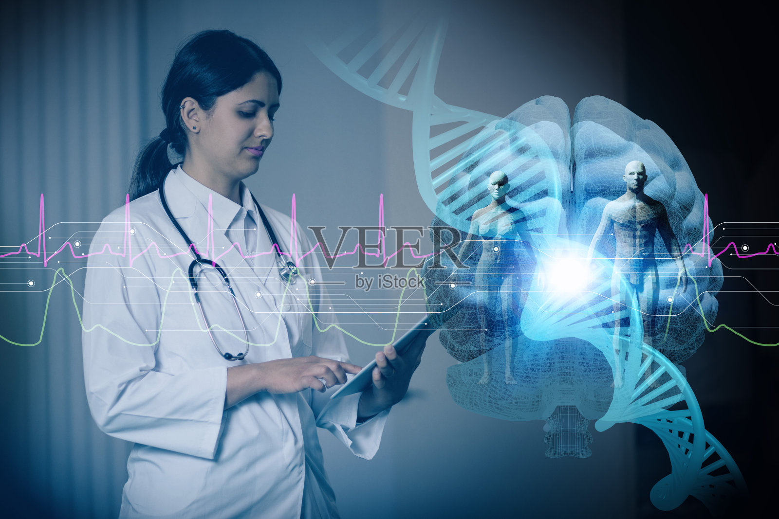 西班牙女医生和基因工程摘要。物联网，3D渲染。照片摄影图片