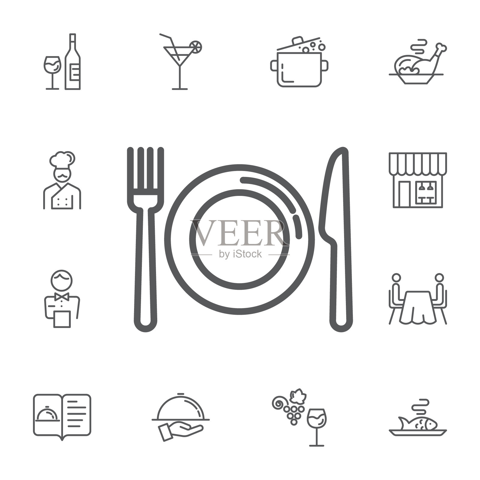 厨房的菜，叉和刀的图标。餐厅向量线图标的简单设置。图标素材