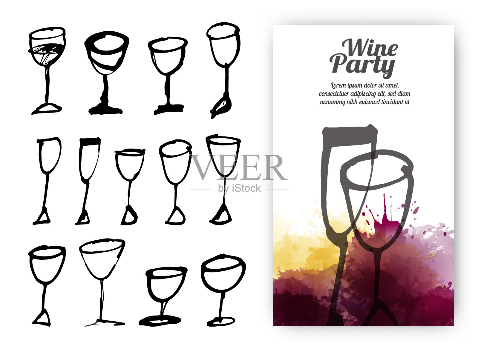 一套手绘饮料杯。设计模板与酒杯的插图。插画图片素材