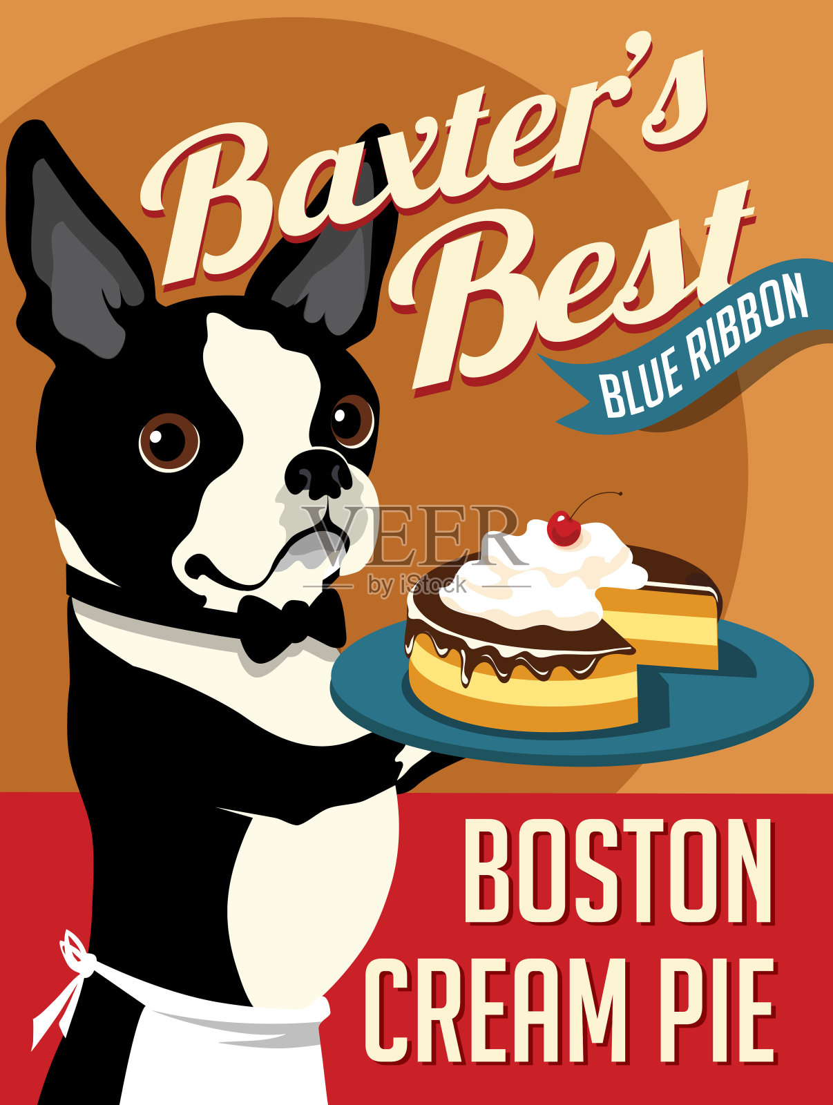虚构的海报，可爱的波士顿梗和波士顿奶油派。矢量插图。设计模板素材