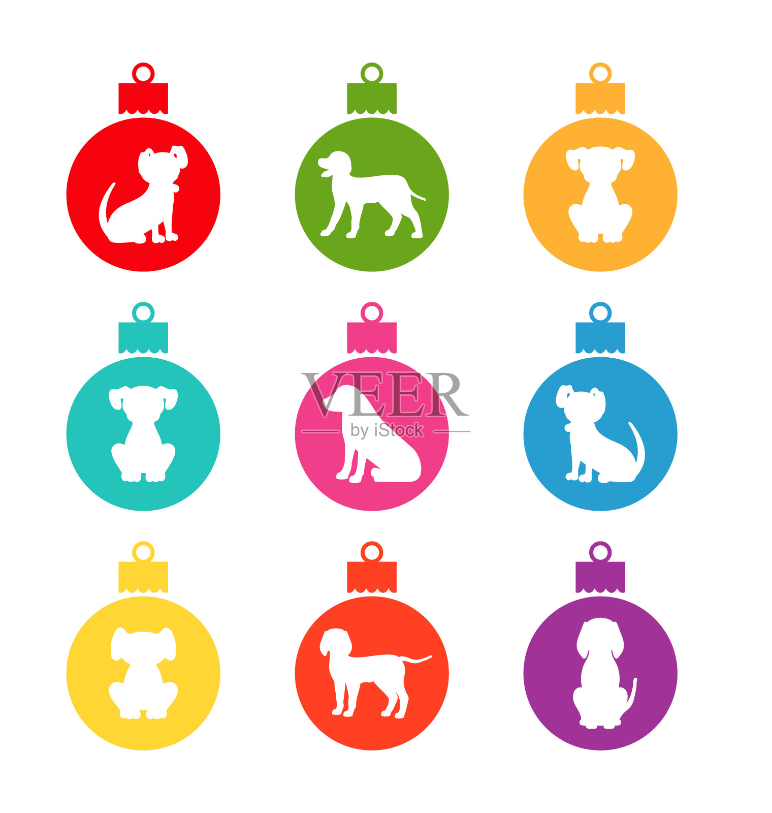 彩色圣诞球与不同的狗插画图片素材