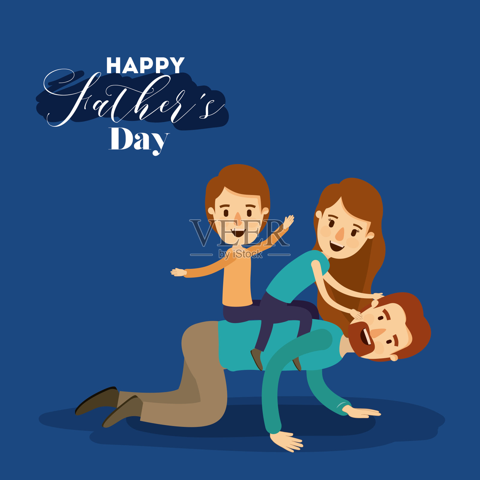 深蓝色的背景是父亲节爸爸与女儿和儿子玩耍的画面插画图片素材