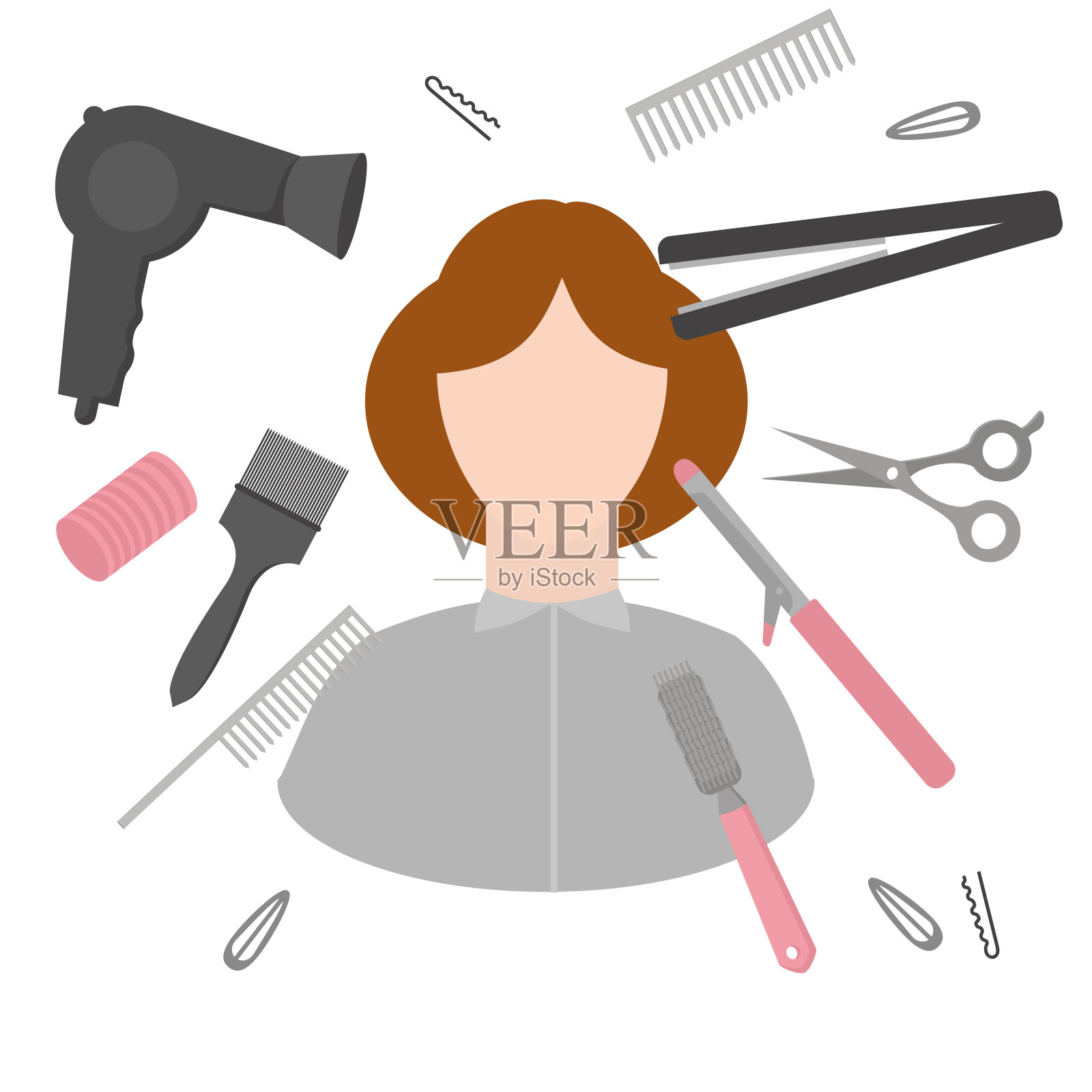 发型师扁平设计元素。设置美容美发配件和设备。理发沙龙乐器与女人隔绝。剪刀，刷子和设备。插画图片素材
