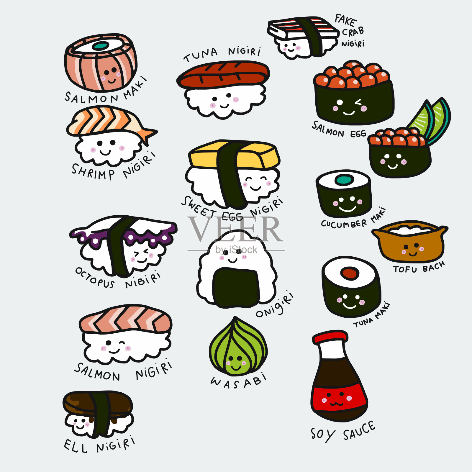 可爱寿司套装卡通矢量插图涂鸦风格插画图片素材