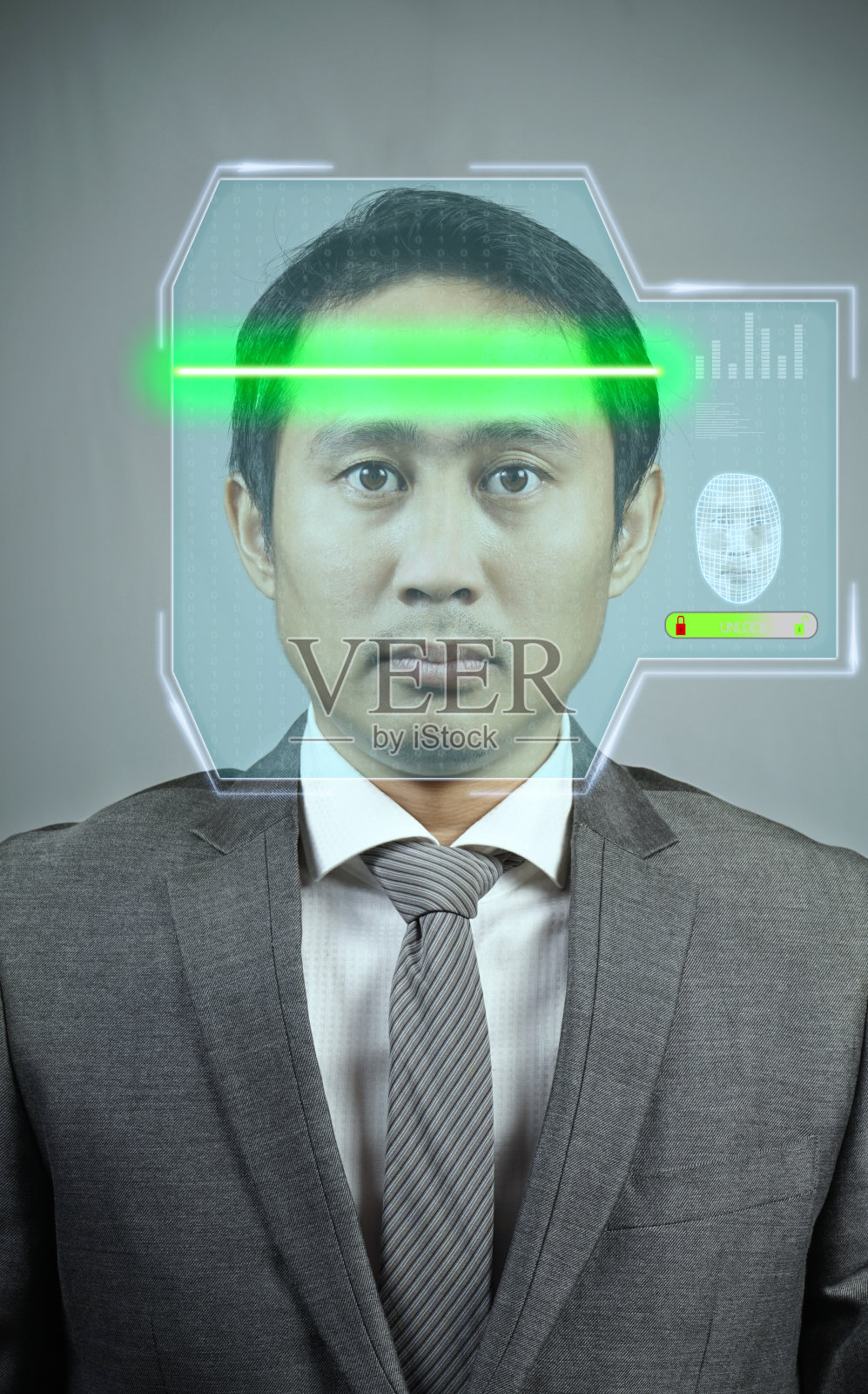 未来扫描接口的安全。商人扫视脸部寻找解锁。未来扫描的概念。照片摄影图片
