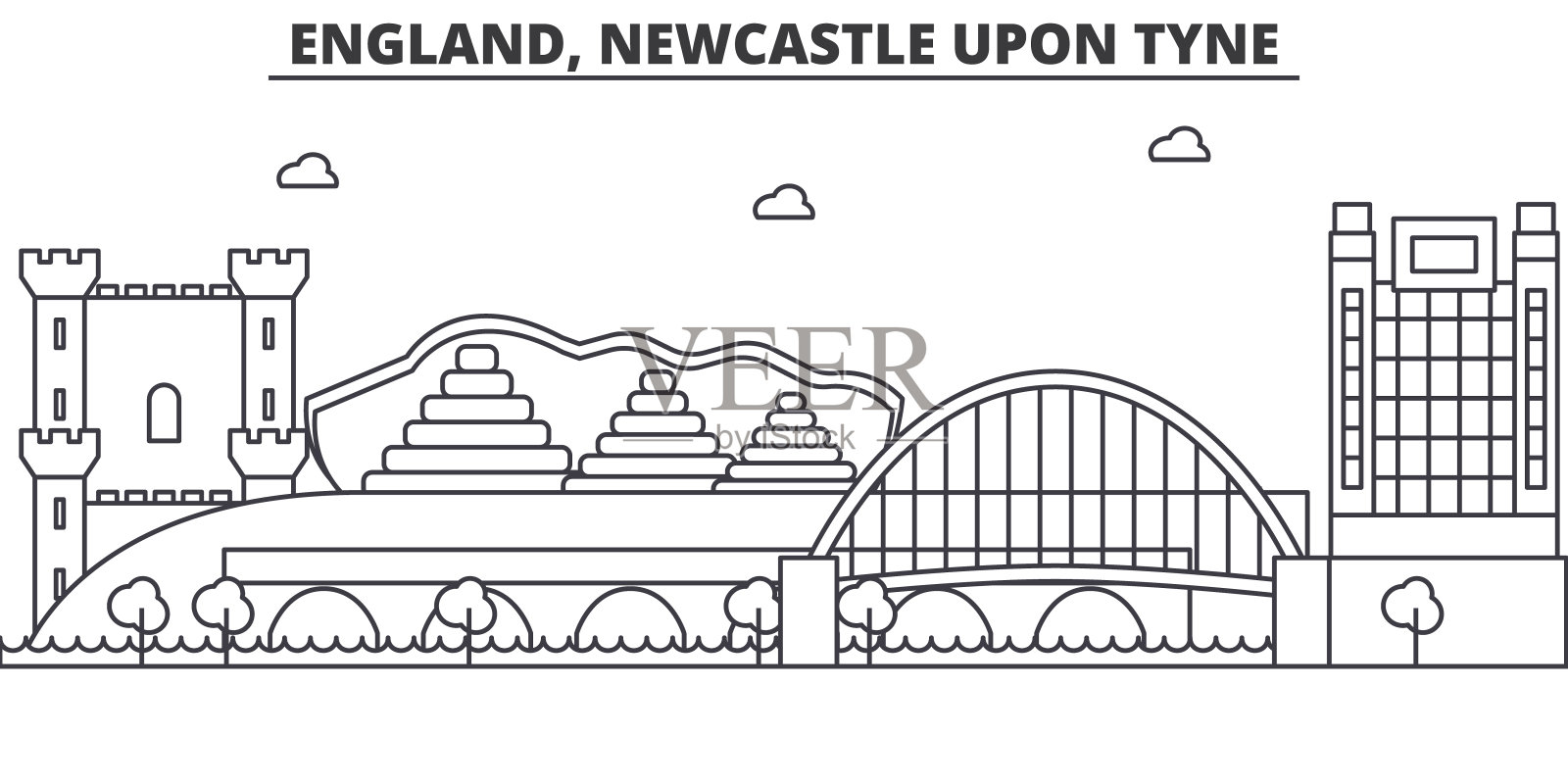英格兰，纽卡斯尔泰恩建筑线天际线插图。线性向量的城市景观与著名的地标，城市景观，设计图标。风景与可编辑的笔触插画图片素材