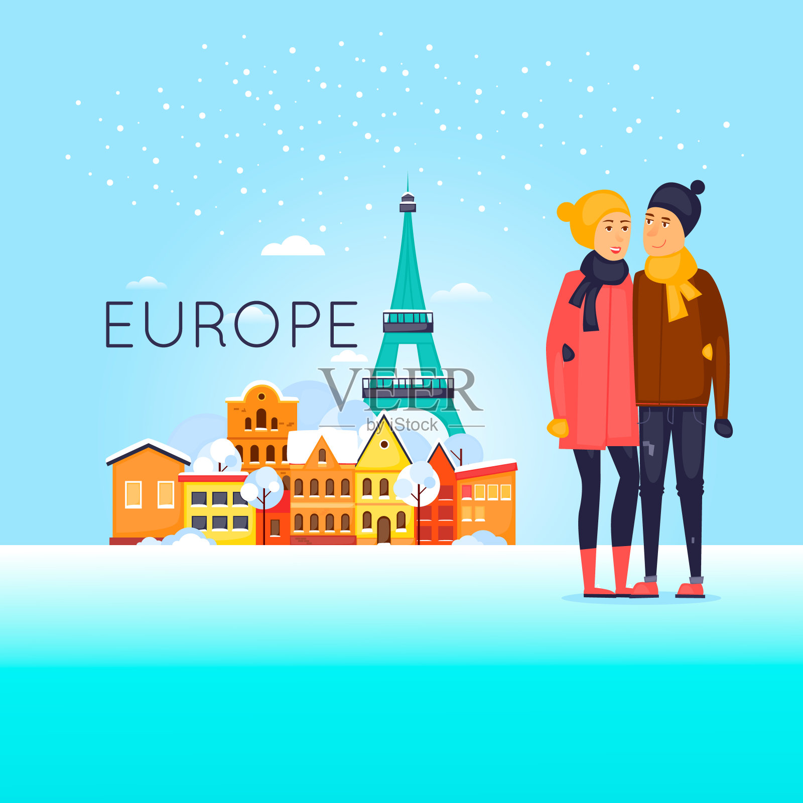 夫妇在冬天旅行。欧洲。平面设计矢量插图。插画图片素材