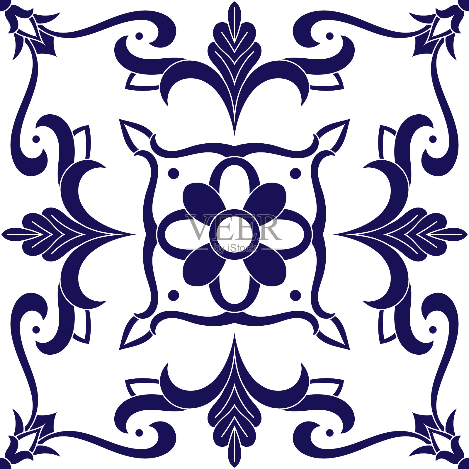 代尔夫特荷兰瓷砖图案向量与蓝色和白色的装饰插画图片素材