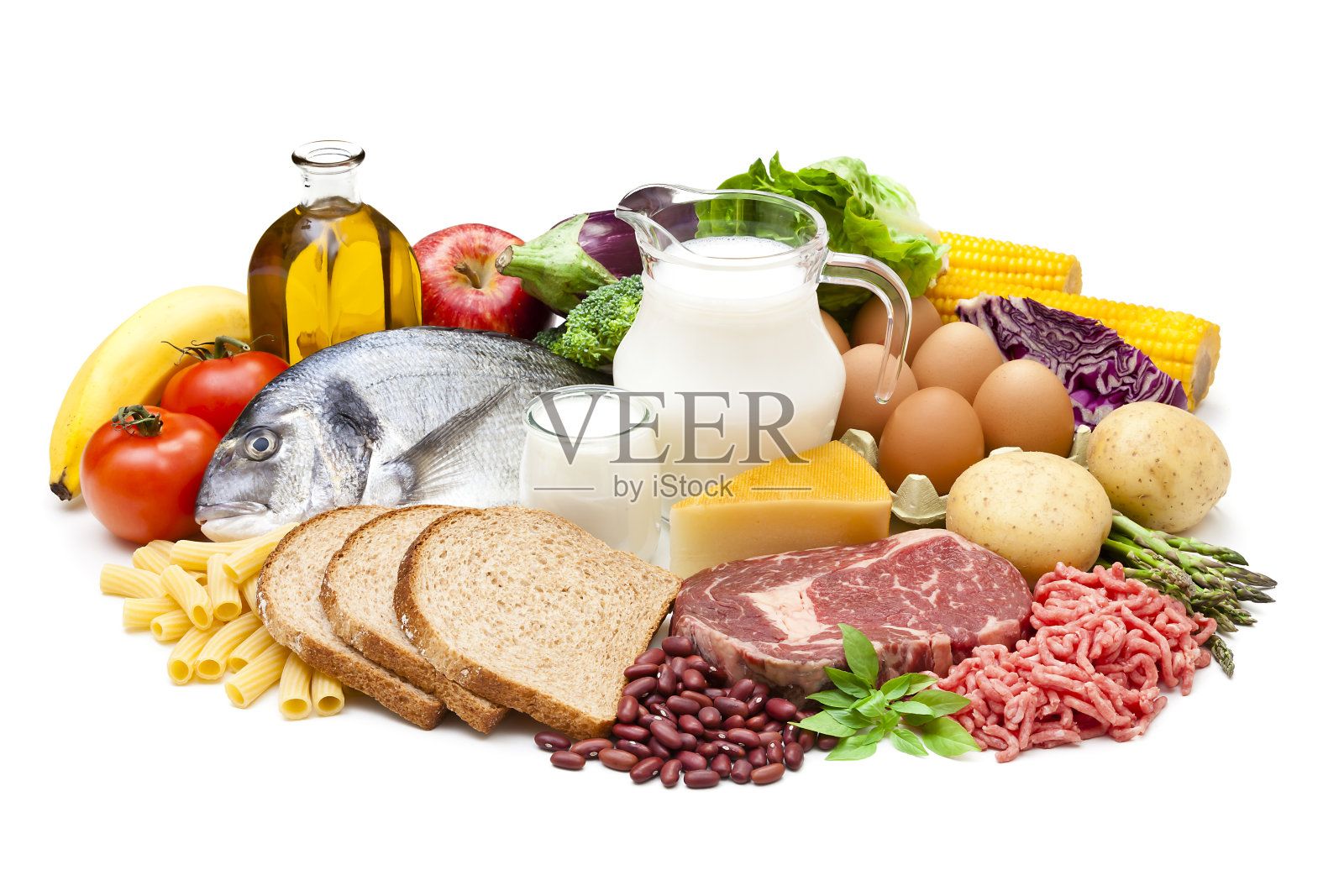 不同种类的食物被隔离在白色背景上照片摄影图片