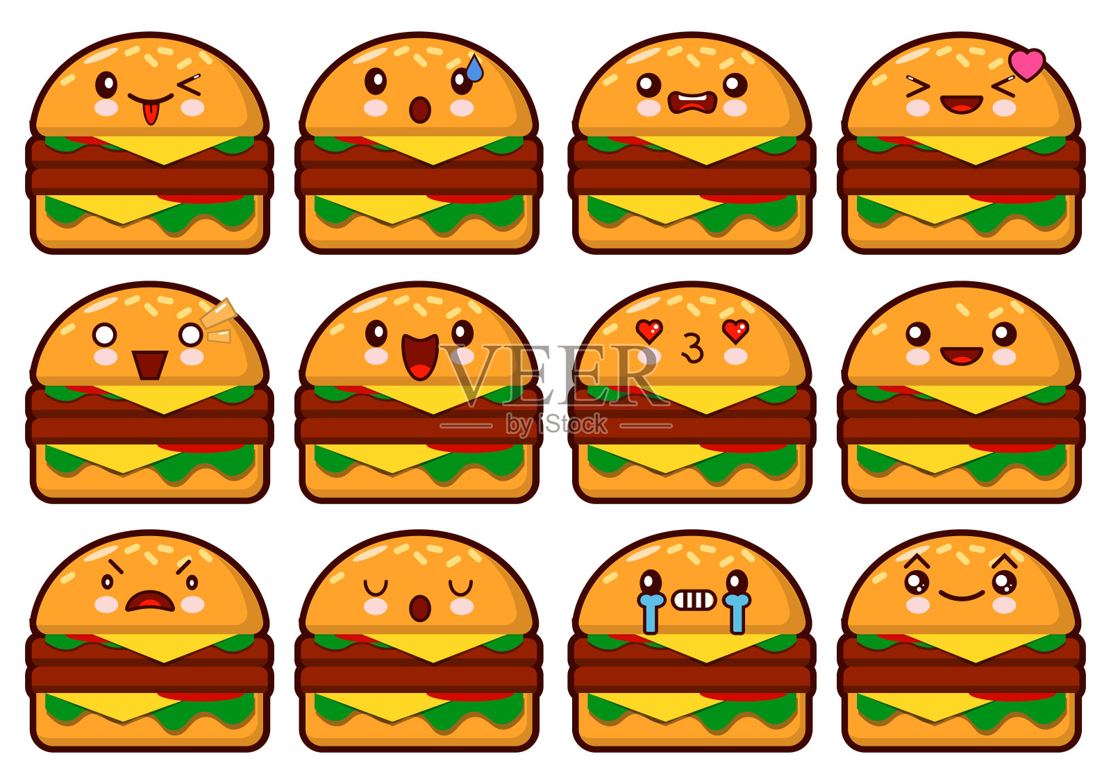 白色背景上的汉堡脸表情。不同的情绪收藏。表情符号向量插图。插画图片素材