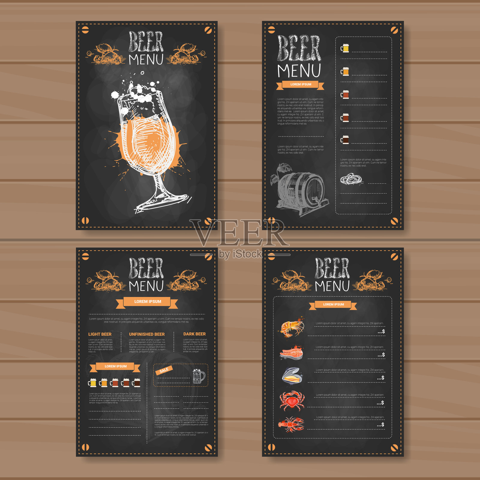 啤酒菜单集设计的餐厅，咖啡馆酒吧粉笔在木制纹理的背景设计模板素材