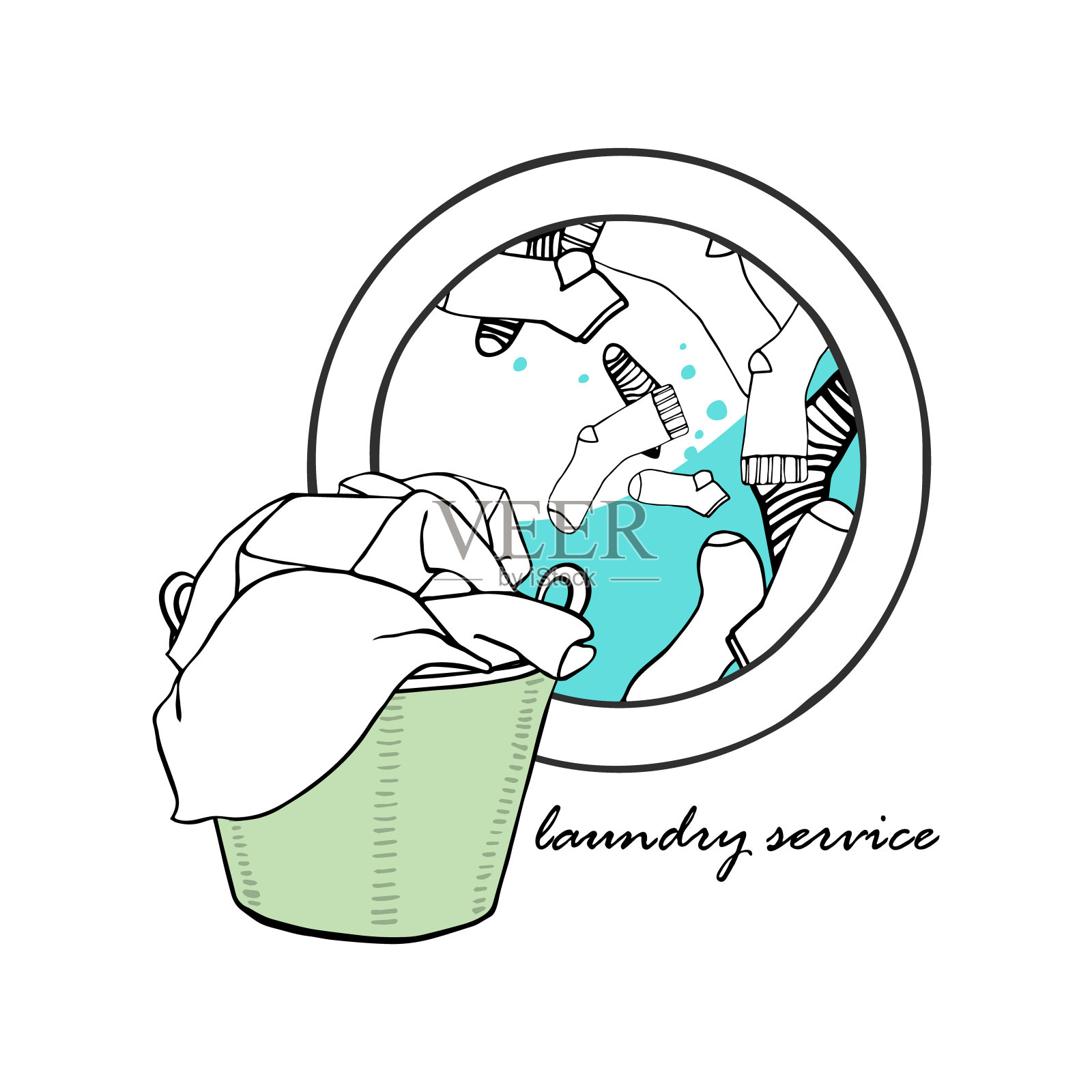 洗衣篮和一个有水和袜子的洗衣机。衣服的象征。手绘矢量插图。插画图片素材