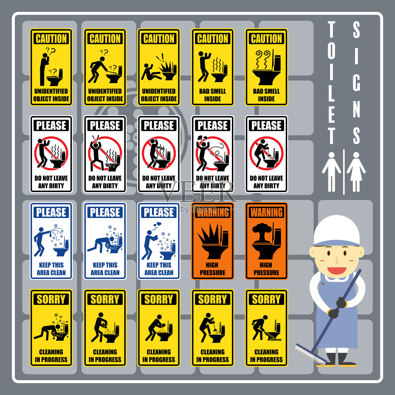 一套标志和符号的厕所警告，警告和指示，厕所标签的新设计。插画图片素材
