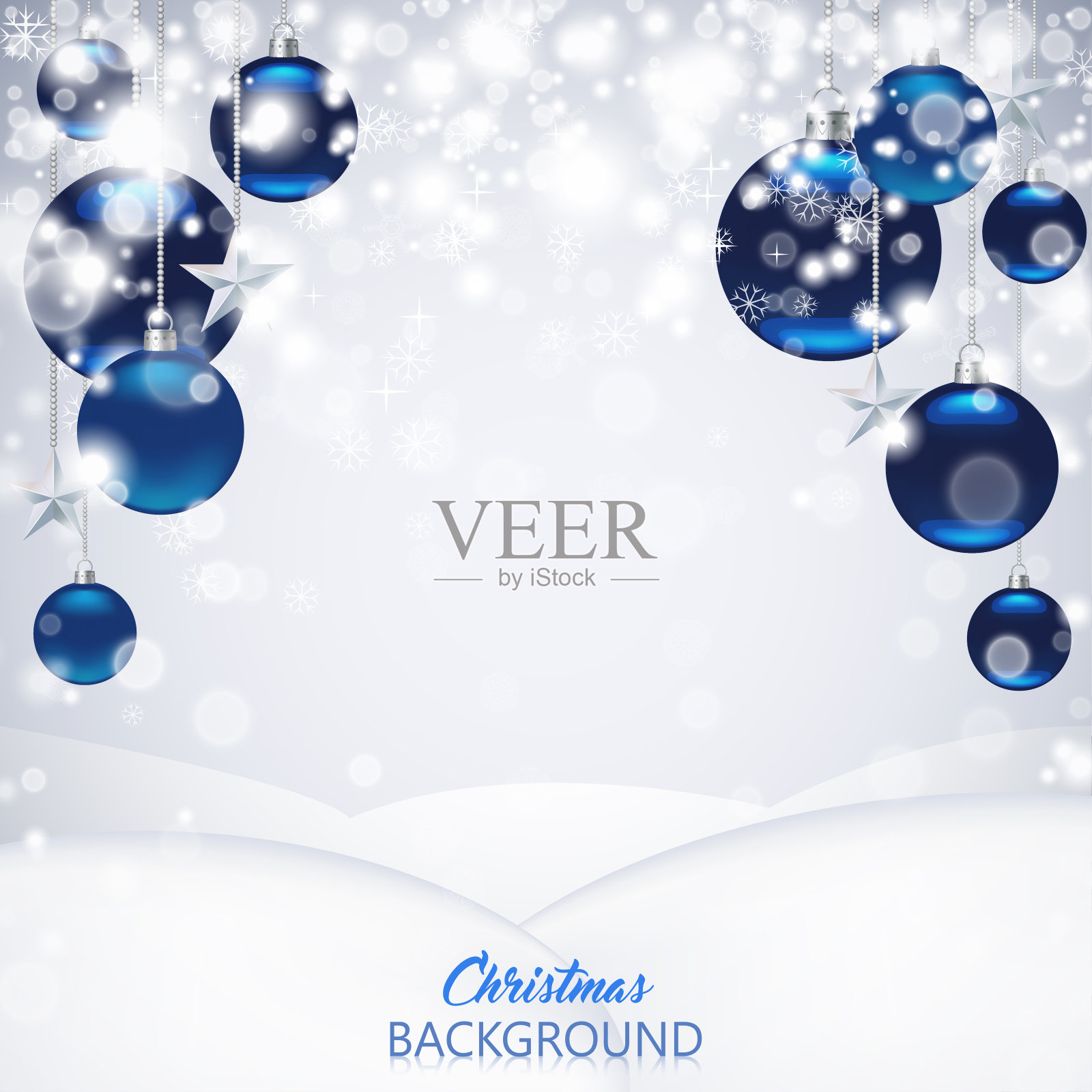 优雅的圣诞背景与蓝色霜和光泽的圣诞球，星星和雪花。插画图片素材