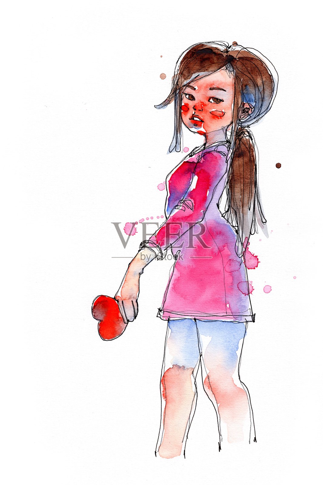水墨水彩画女孩与红心符号，传统艺术品扫描插画图片素材