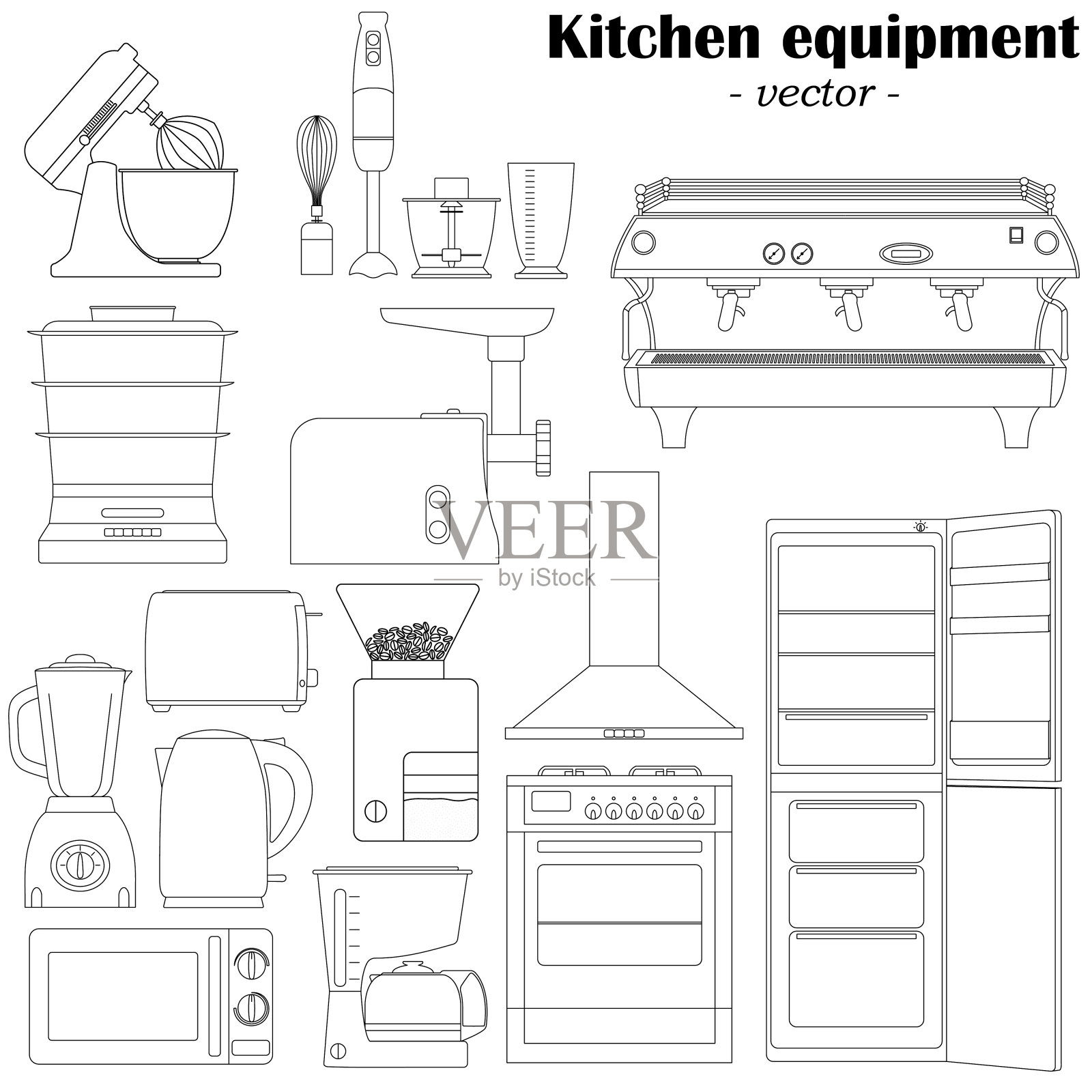 一套14个元素的厨房设备进行设计。黑白插图。插画图片素材