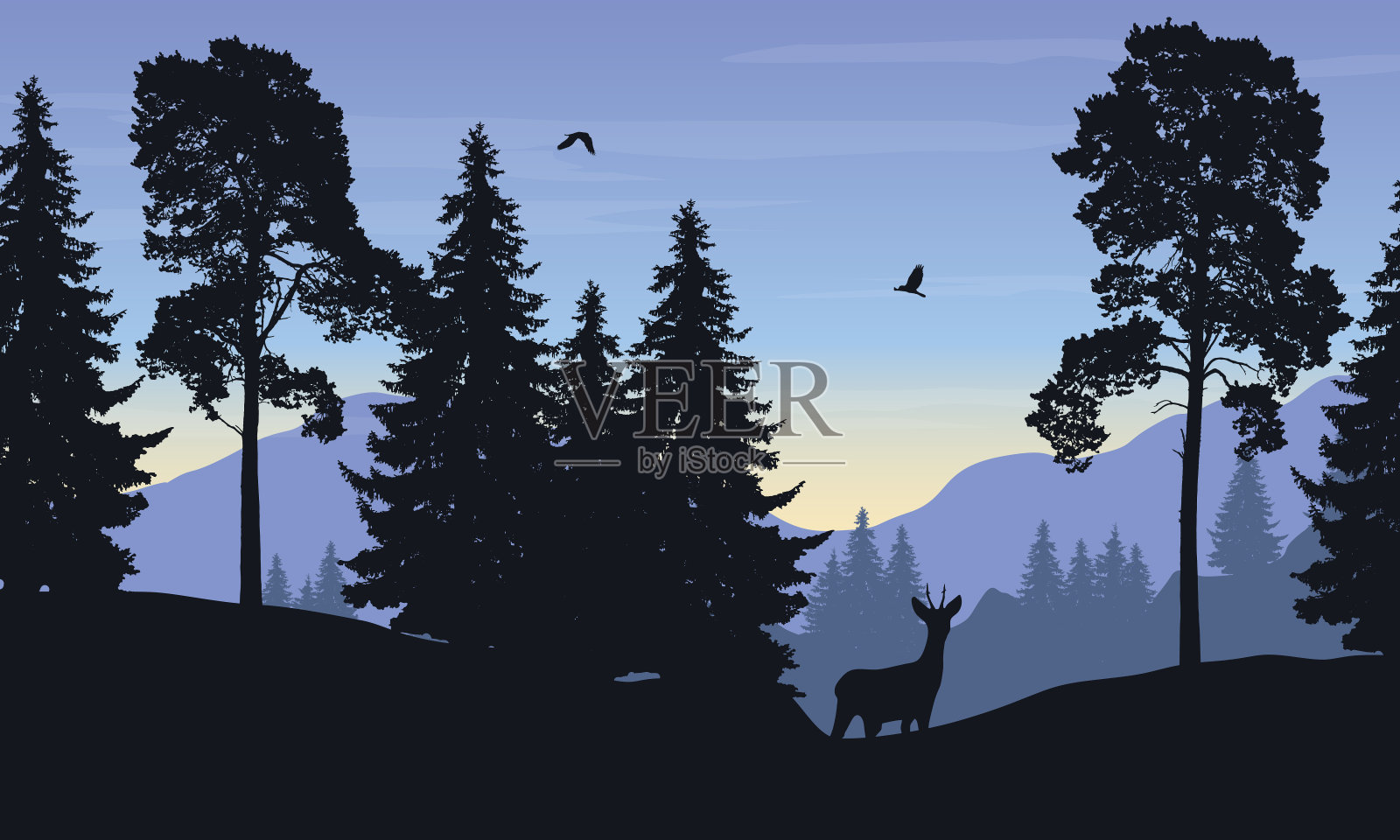 现实的矢量插图的山景观与森林，鹿和鹰插画图片素材
