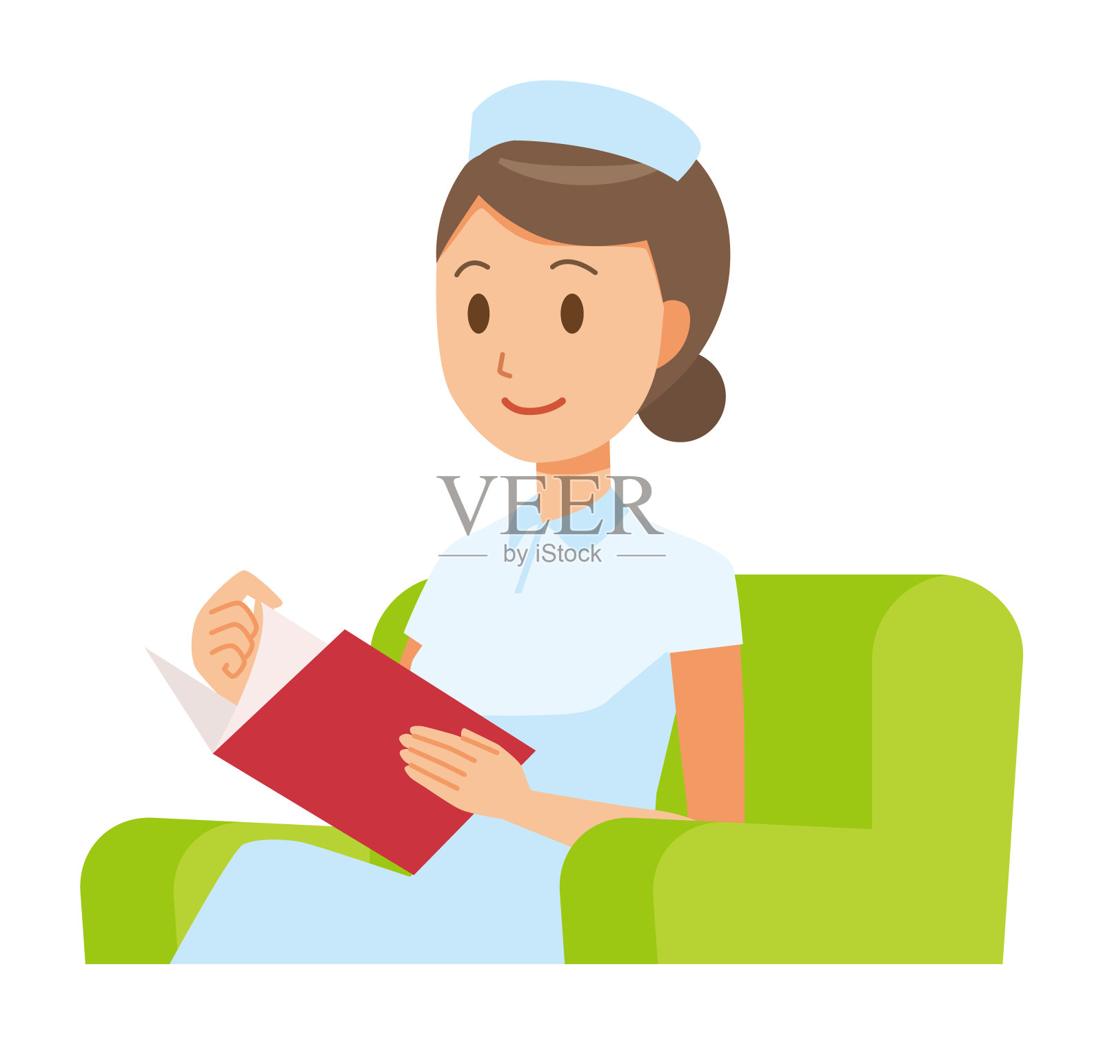 一个戴护士帽、穿白大褂的女护士坐在沙发上看书设计元素图片