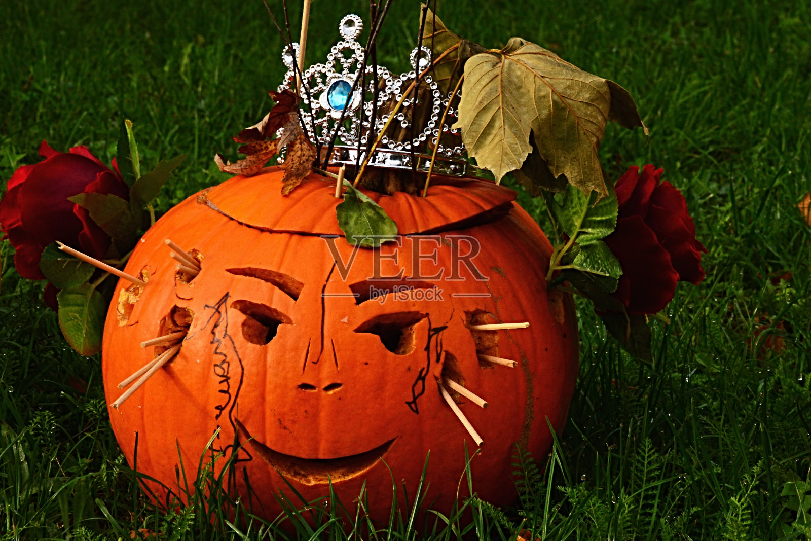 尖笑万圣节杰克灯与公主王冠，装饰与秋天的树叶和穿串刺。放置在绿色草坪上照片摄影图片