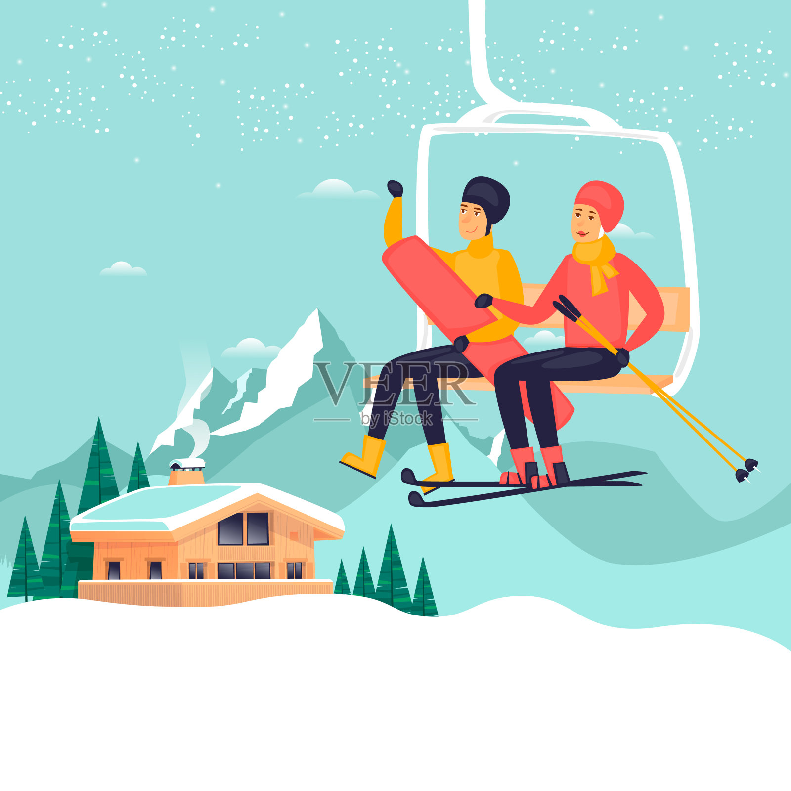 一个男人和一个女孩在滑雪缆车上，滑雪和滑雪板，冬天的风景，小屋。平面设计矢量插图。插画图片素材