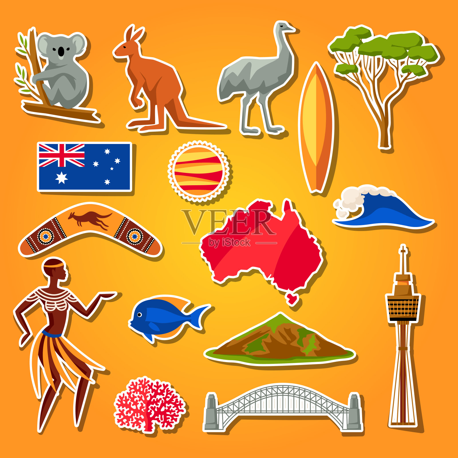 澳大利亚的图标集。澳大利亚传统贴纸符号和物体插画图片素材