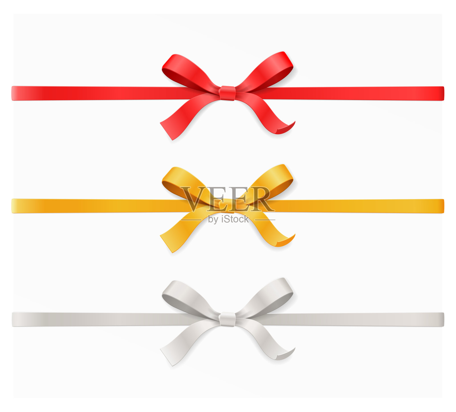 红色，金色，银色蝴蝶结和丝带孤立在白色背景上。矢量插图3d俯视图设计元素图片