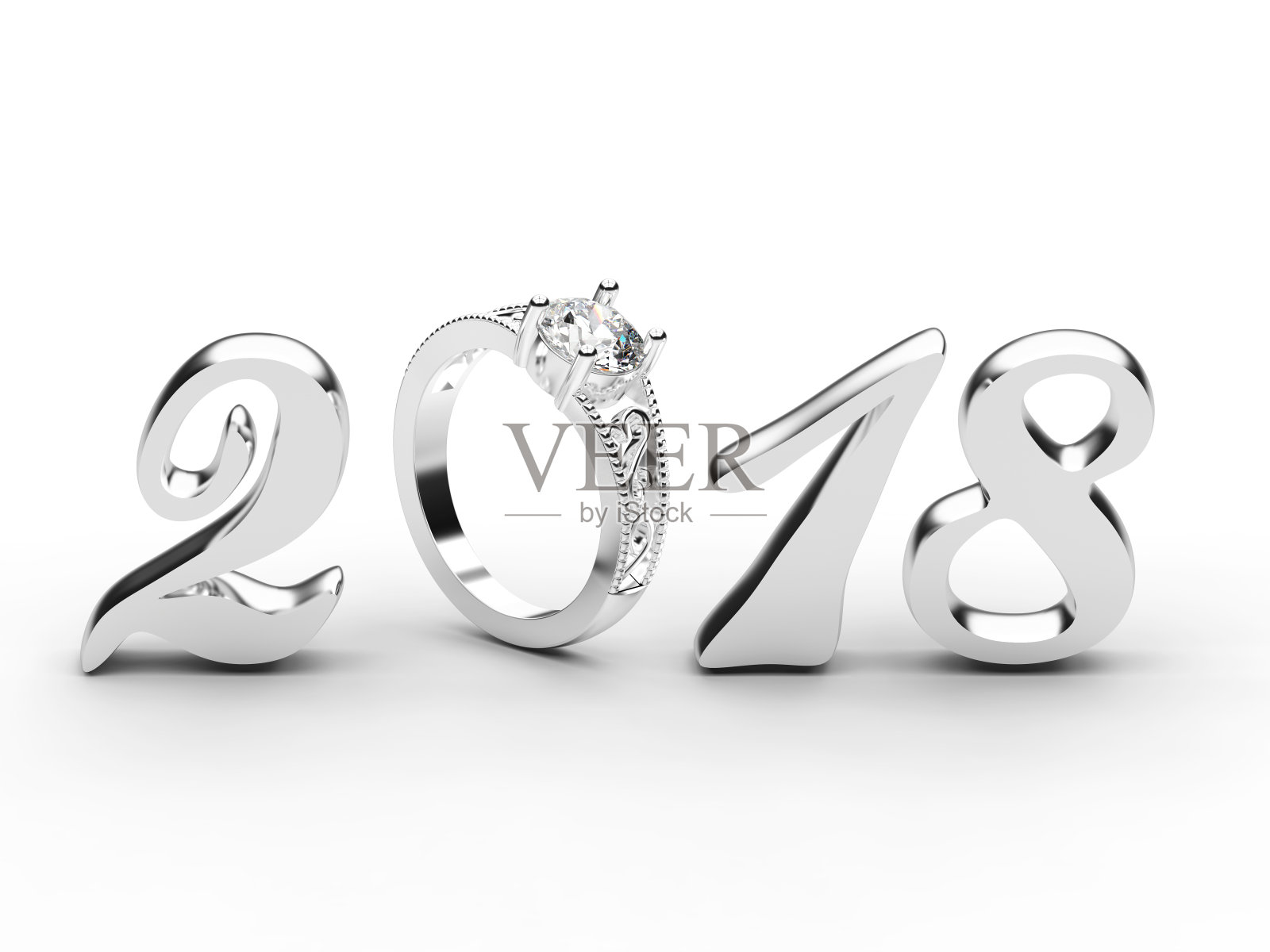 3D插图2018年银色数字与钻石戒指照片摄影图片