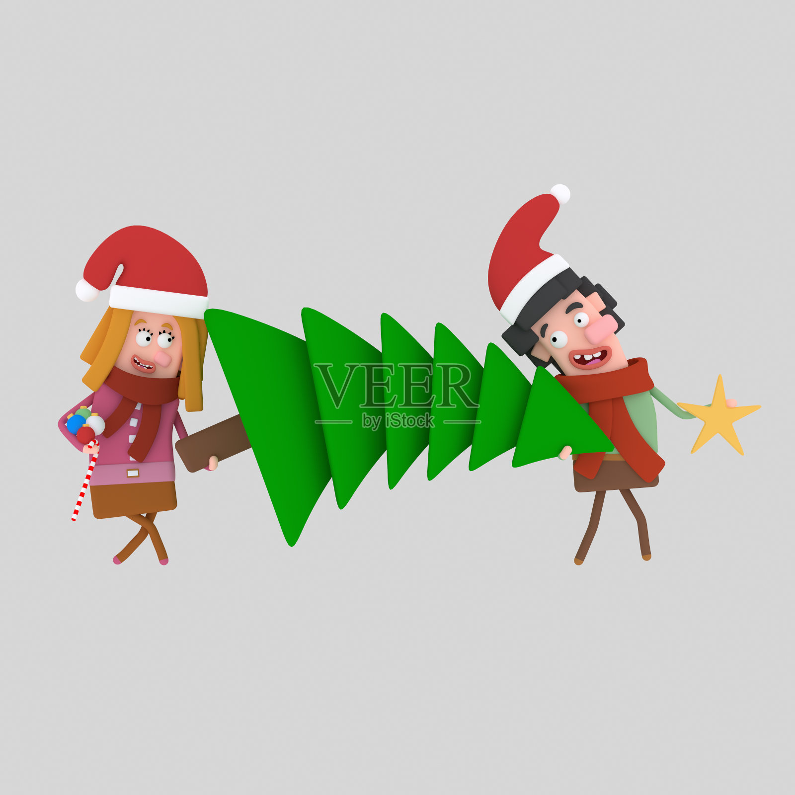 一对热恋的情侣扛着一棵圣诞树过圣诞节插画图片素材