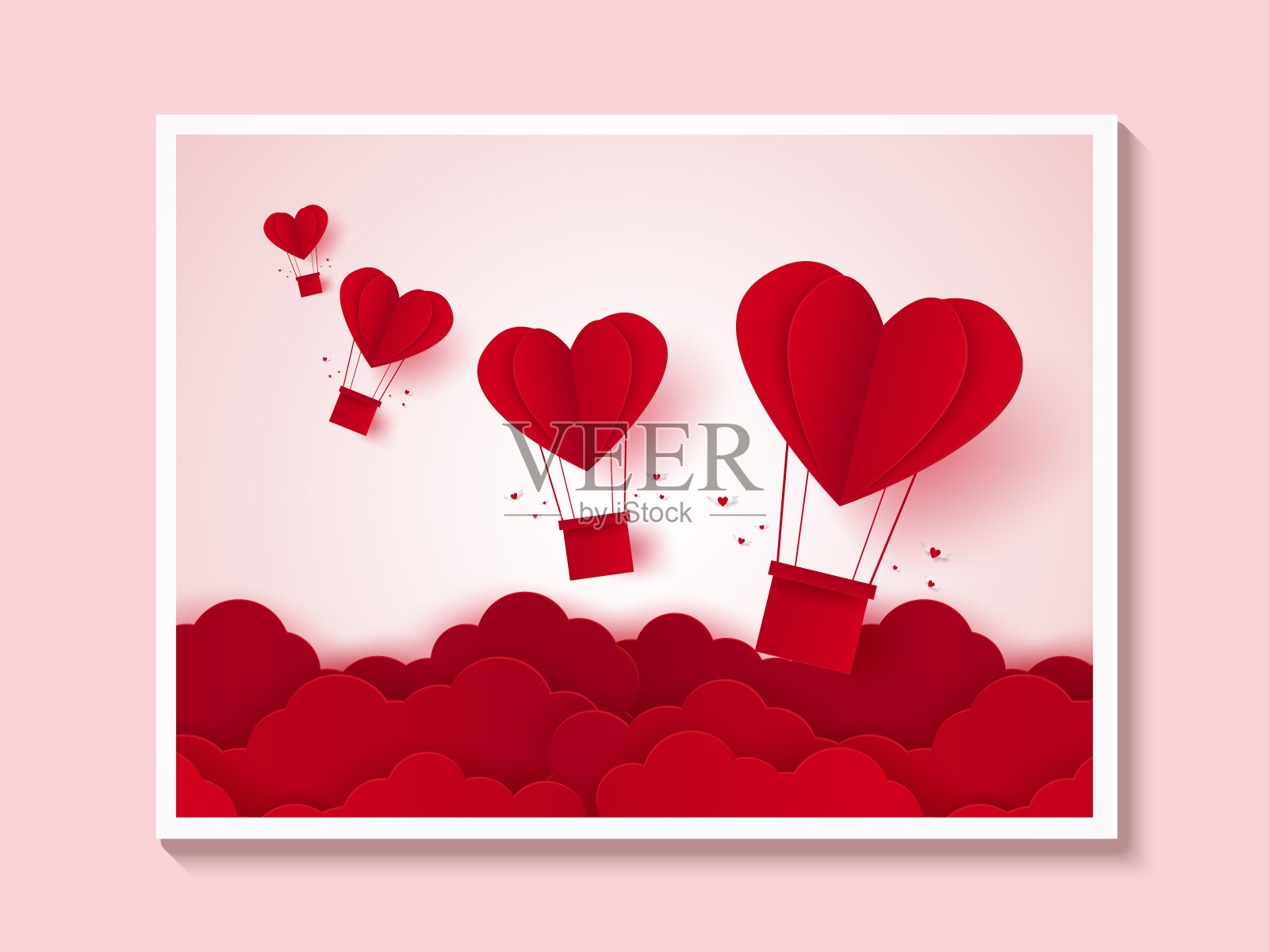 情人节，爱的插画，红心的热气球在天空中飞翔，纸艺术风格插画图片素材