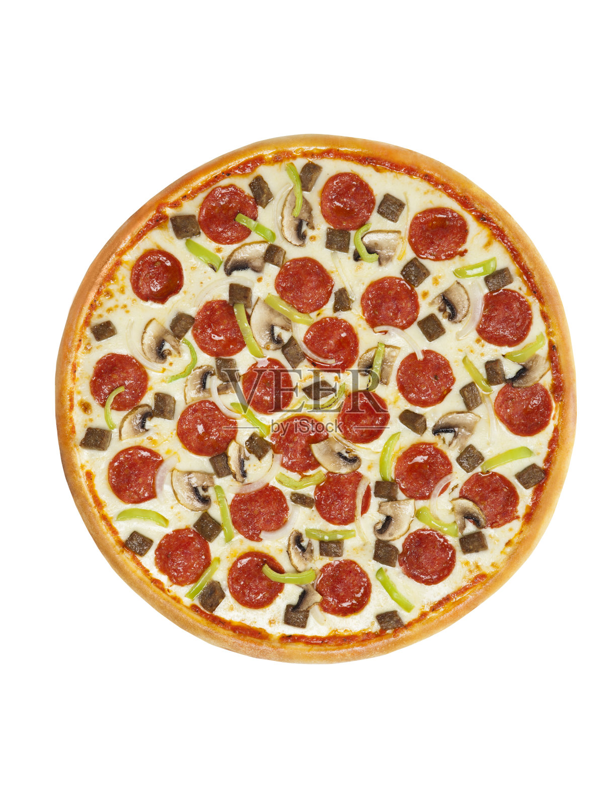 意大利辣香肠披萨与蘑菇孤立在白色背景照片摄影图片
