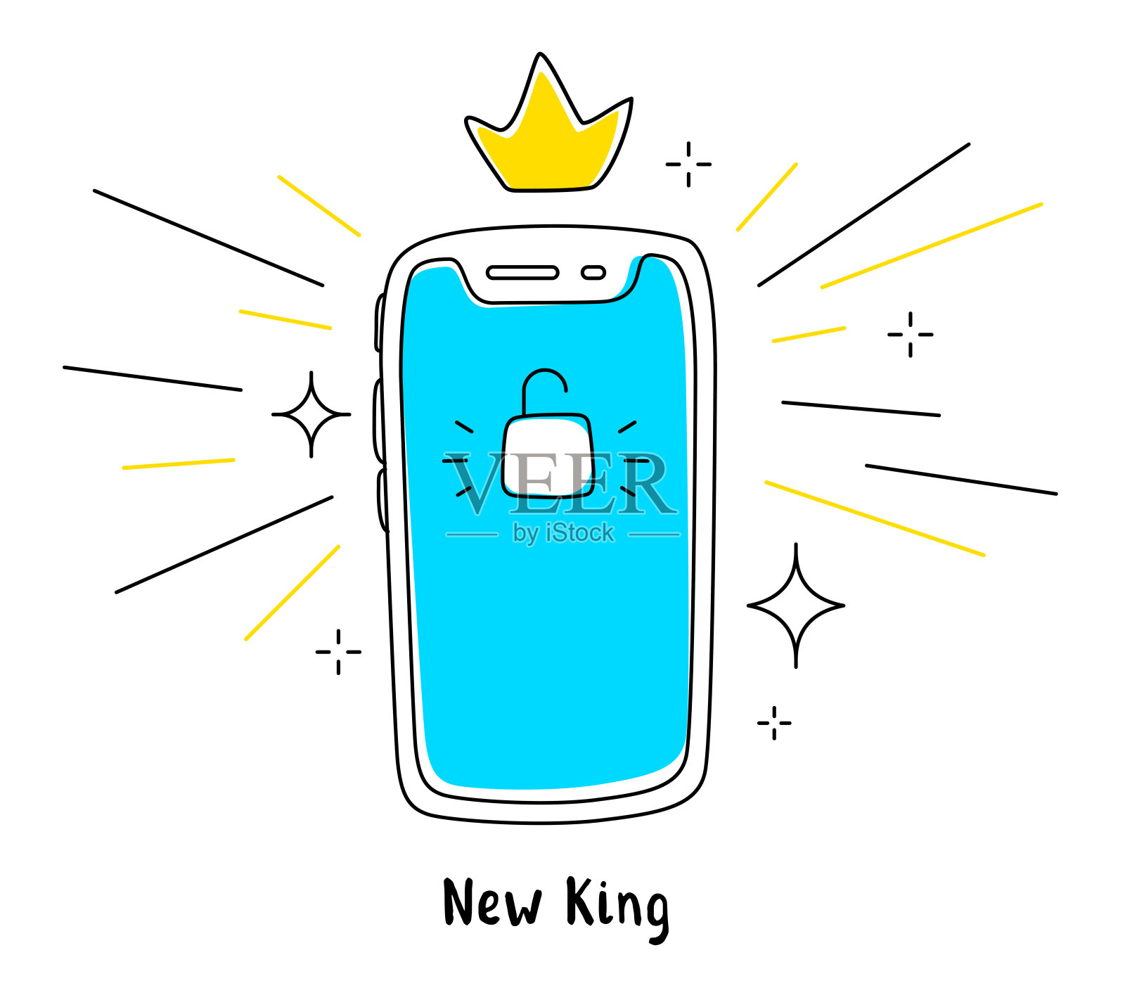新手机正面矢量图。智能手机与锁蓝屏幕和皇冠在白色背景。插画图片素材