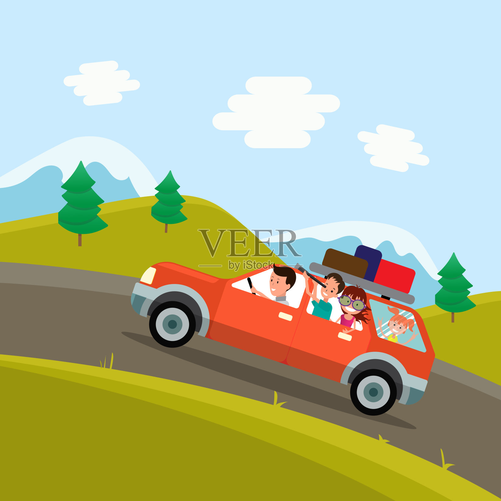 家庭旅行。爸爸、妈妈和孩子们乘车旅行，背景是一道美丽的山景。平面设计的矢量插图插画图片素材