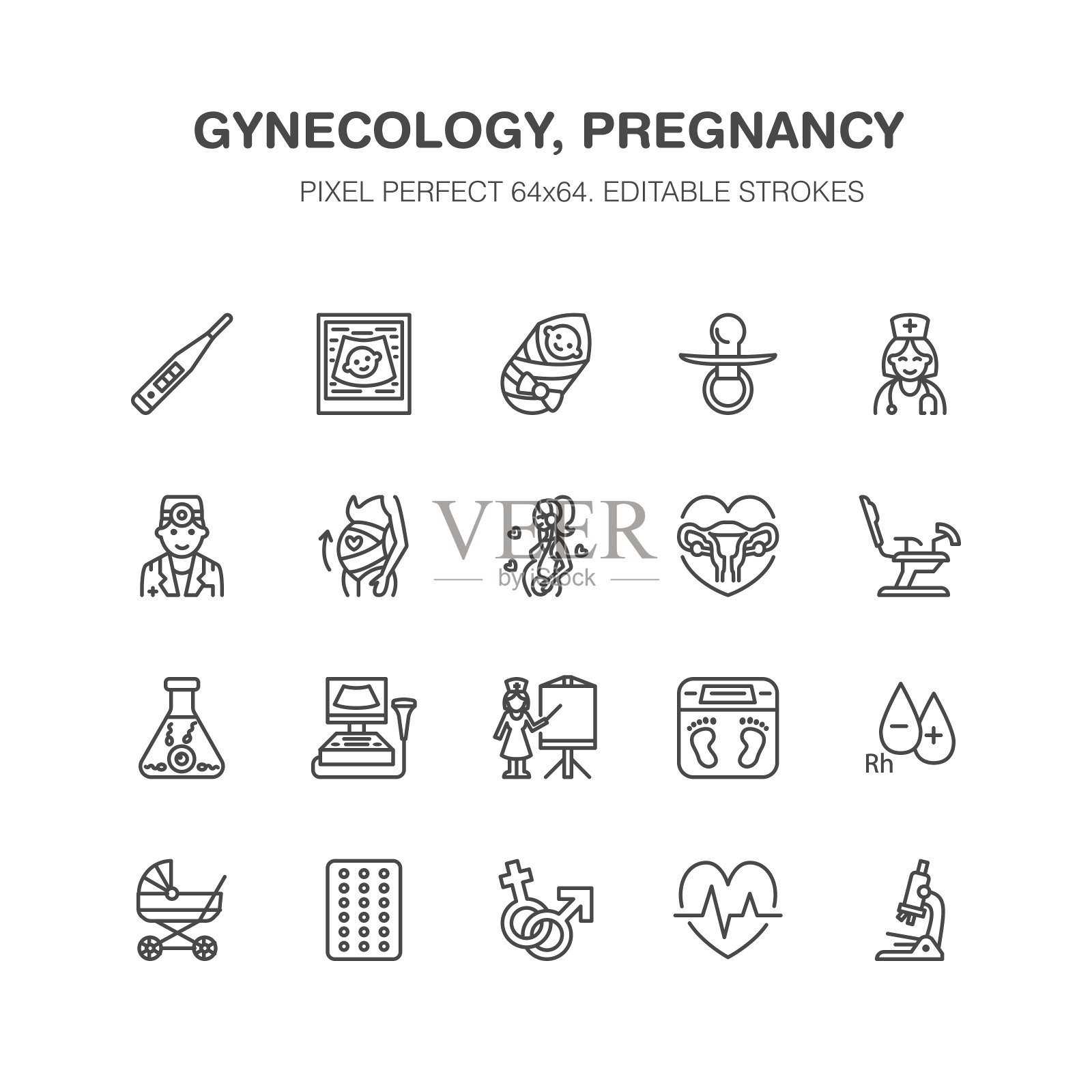 妇科、产科矢量线图标。妊娠医学要素-婴儿超声、体外受精、测试、子宫、孕妇。像素完美64 x64图标素材