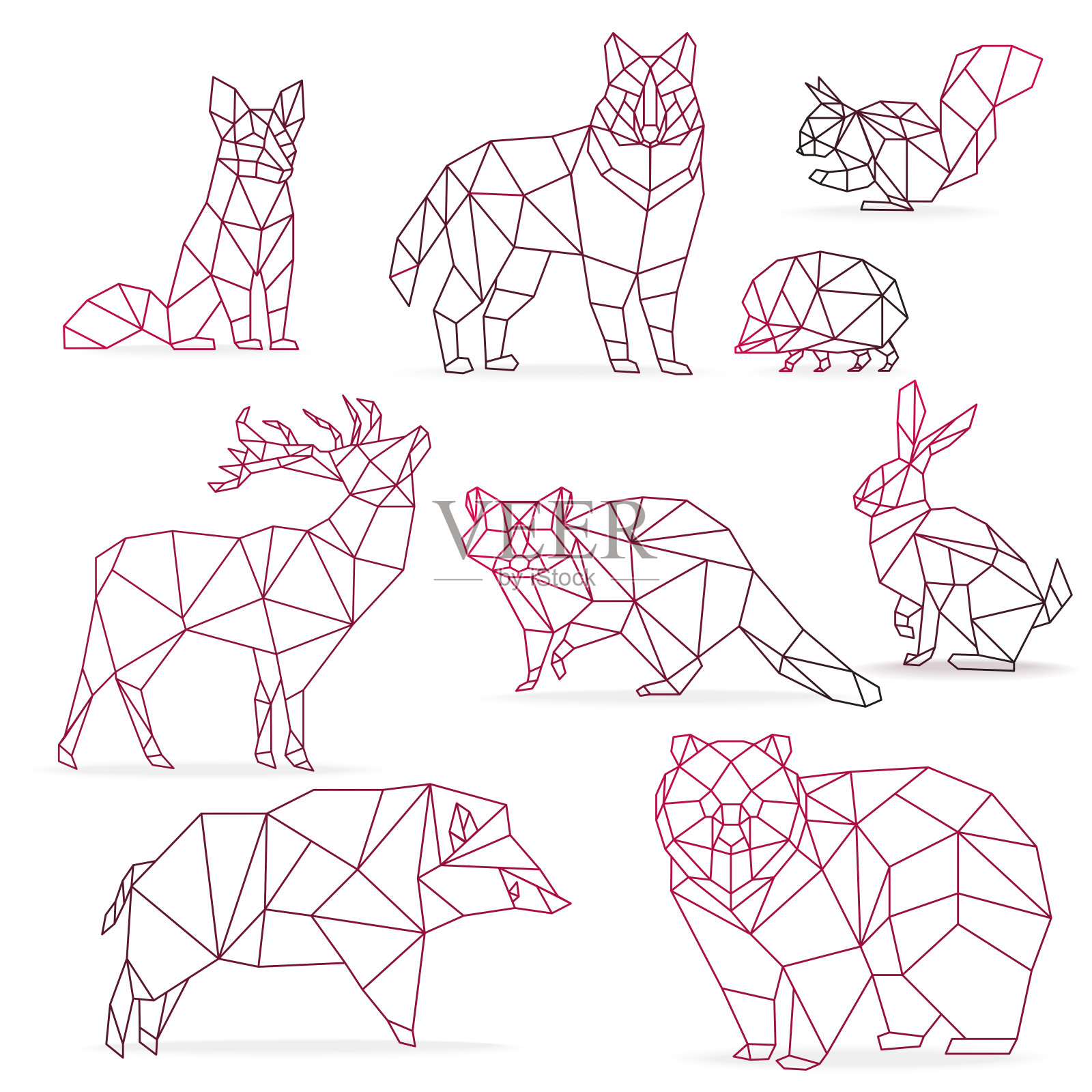 低多边形颜色梯度线动物设置。折纸动物的多边形线。狼熊，鹿，野猪，狐狸，浣熊，兔子和刺猬。插画图片素材