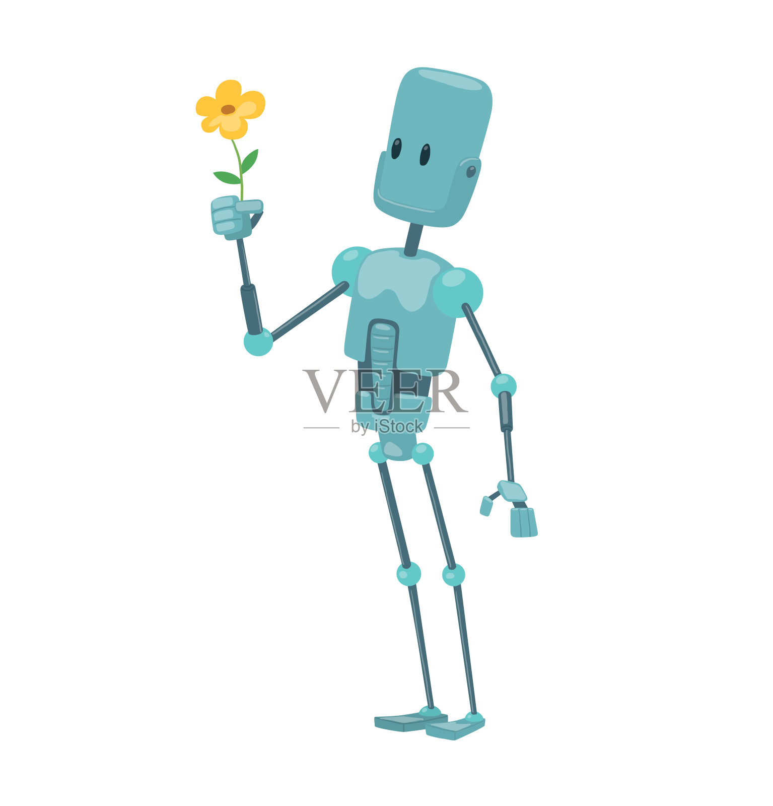 带着黄花的有趣的浅蓝色机器人插画图片素材