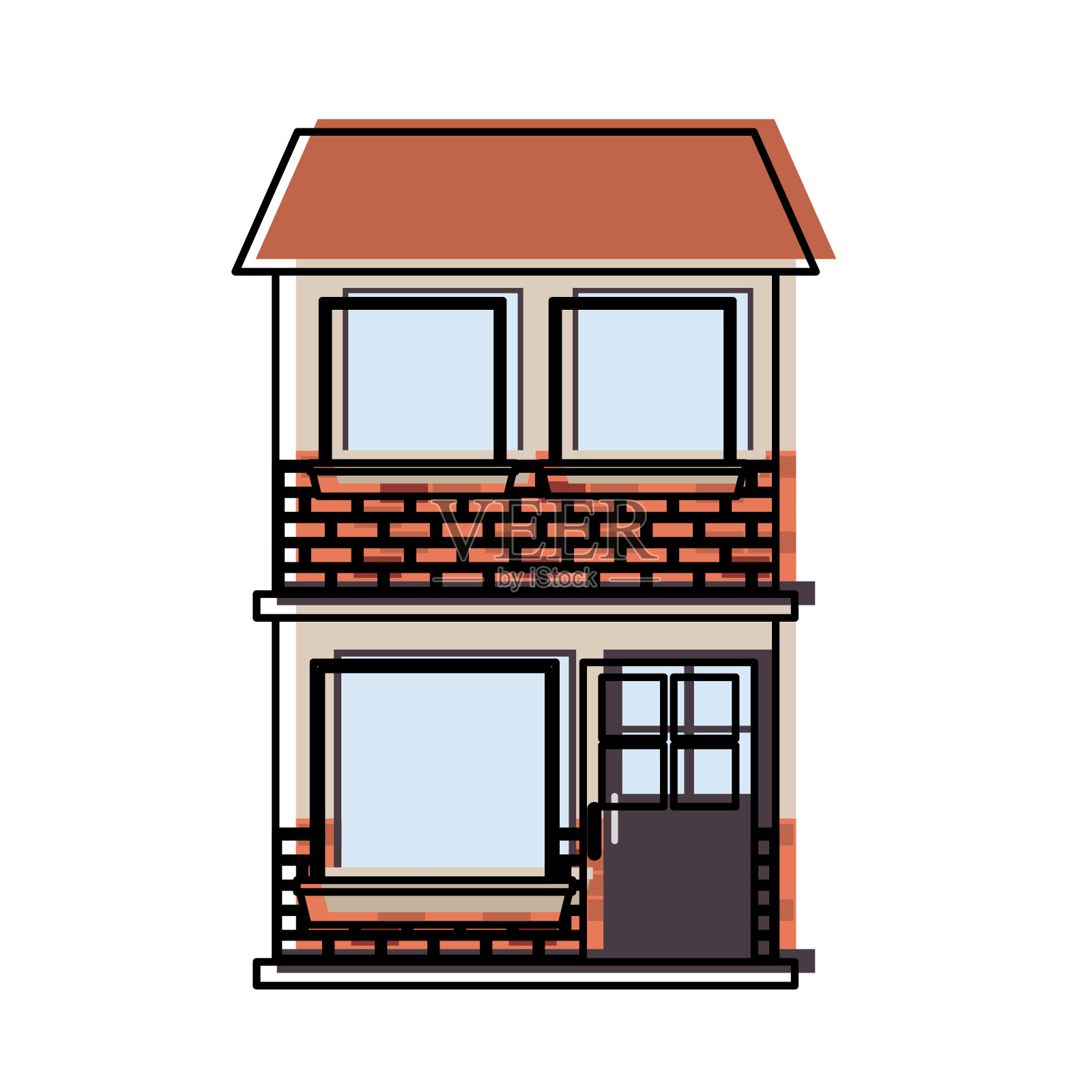 房子立面两层，水彩剪影插画图片素材