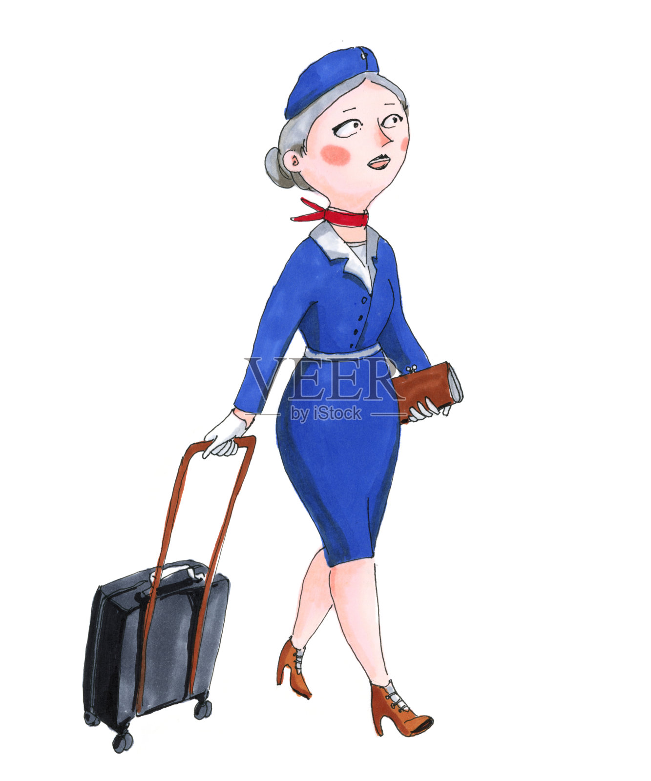 穿蓝色制服的空姐带着手提箱上飞机。插画图片素材