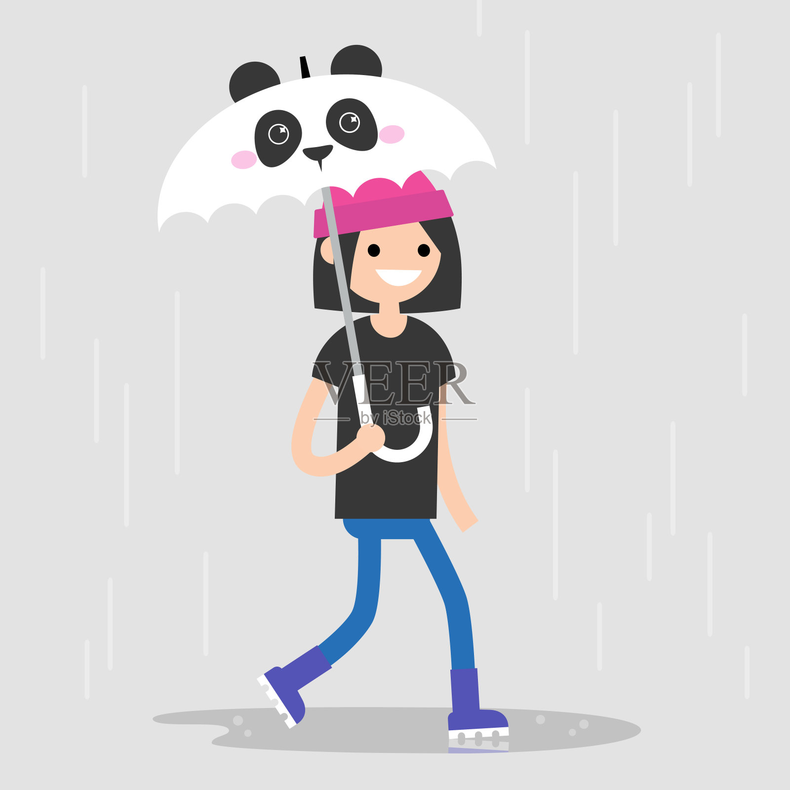 年轻的女性角色走在伞下，有一个熊猫的口吻。春天的雨。平面可编辑矢量插图，剪辑艺术插画图片素材