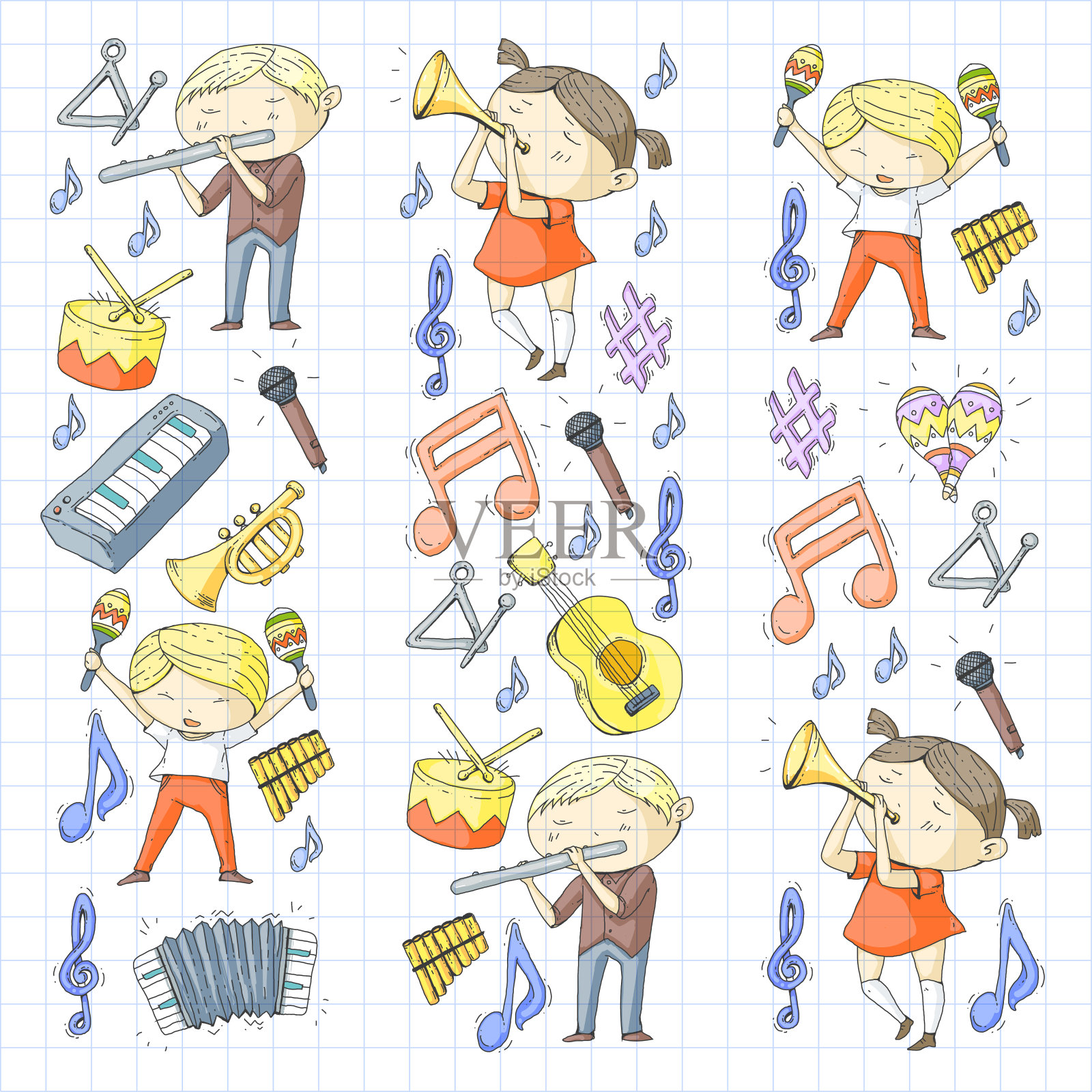 Vector音乐学校音乐剧场幼儿园儿童与乐器鼓，长笛，手风琴，小号，钢琴音乐表演和学龄儿童儿童管弦乐队插画图片素材