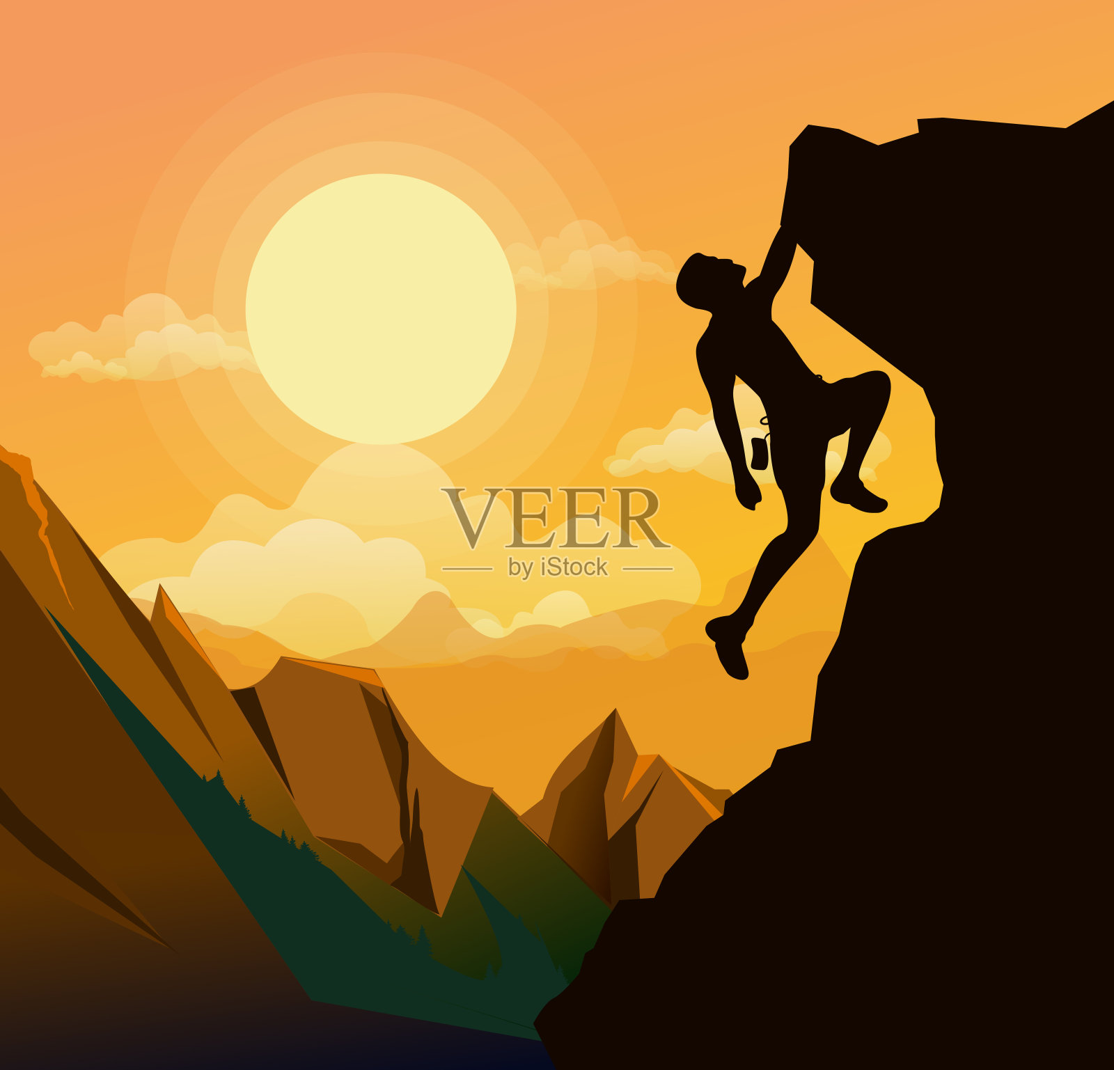 矢量插图爬山的人在山岩石上的日落背景在平坦的风格。动机的概念。插画图片素材
