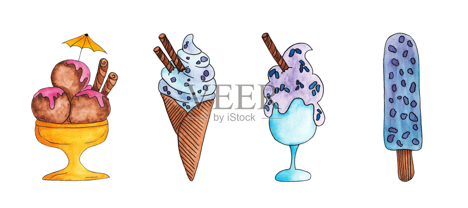 水彩手绘彩色冰淇淋设计元素图片