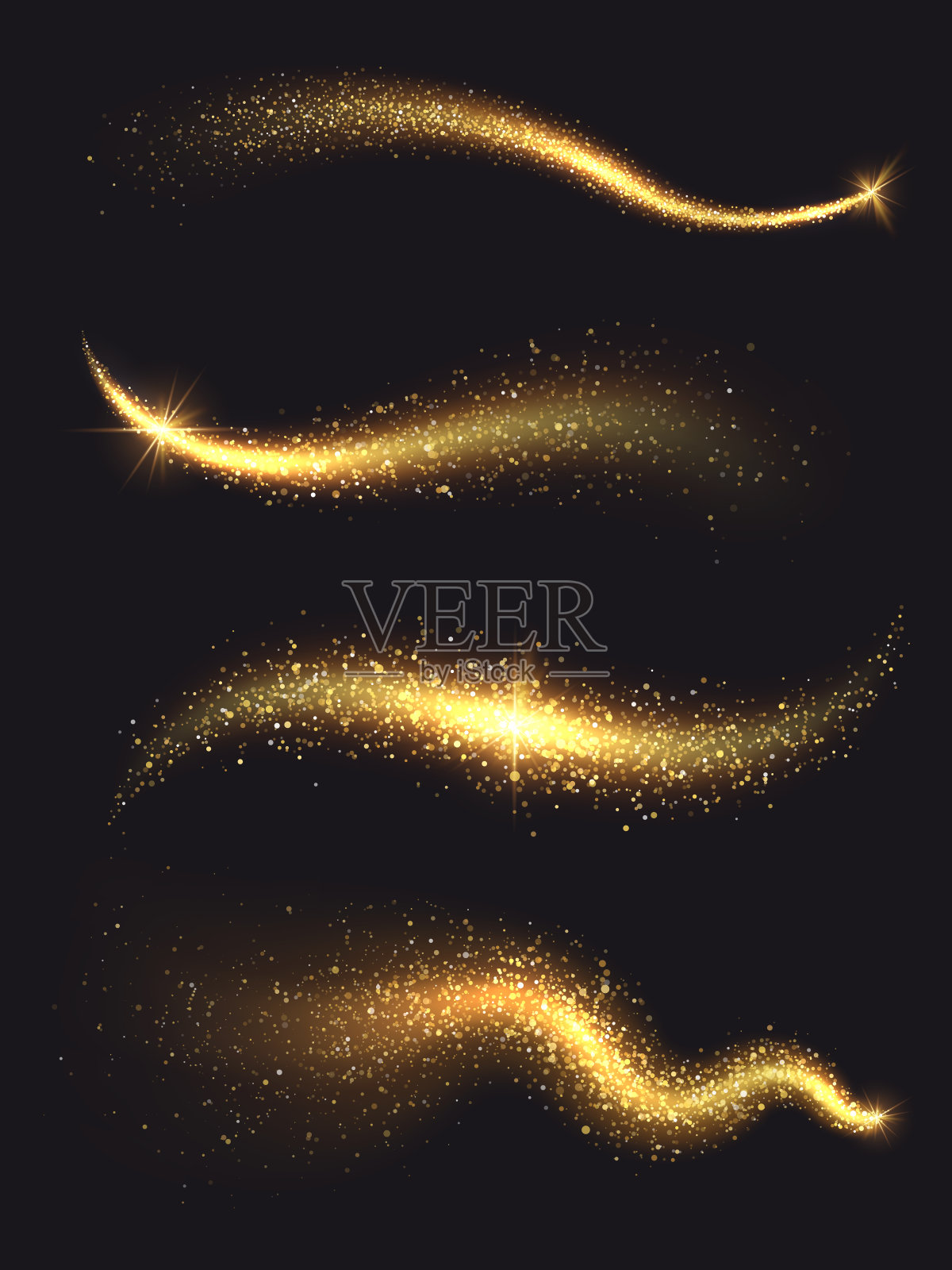 星尘。金色闪光魔法矢量波与黄金粒子收集插画图片素材